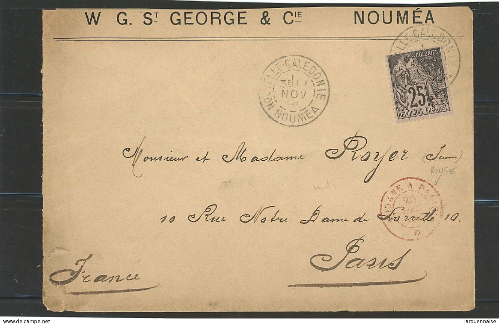 NOUVELLE -CALEDONIE- LSC NOUMEA POUR PARIS -COLONIE GENERALE N°54 TYPE ALPHE DUBOIS-25c NOIR/ROSE -OBL CàD TYPE 12 -17 N - Lettres & Documents