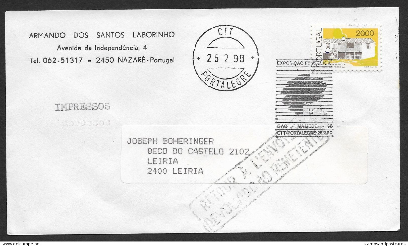 Portugal Lettre Retourné 1990 Cachet Commemoratif  Expo Philatelique Portalegre Stamp Expo Event Pmk Returned Cover - Sellados Mecánicos ( Publicitario)