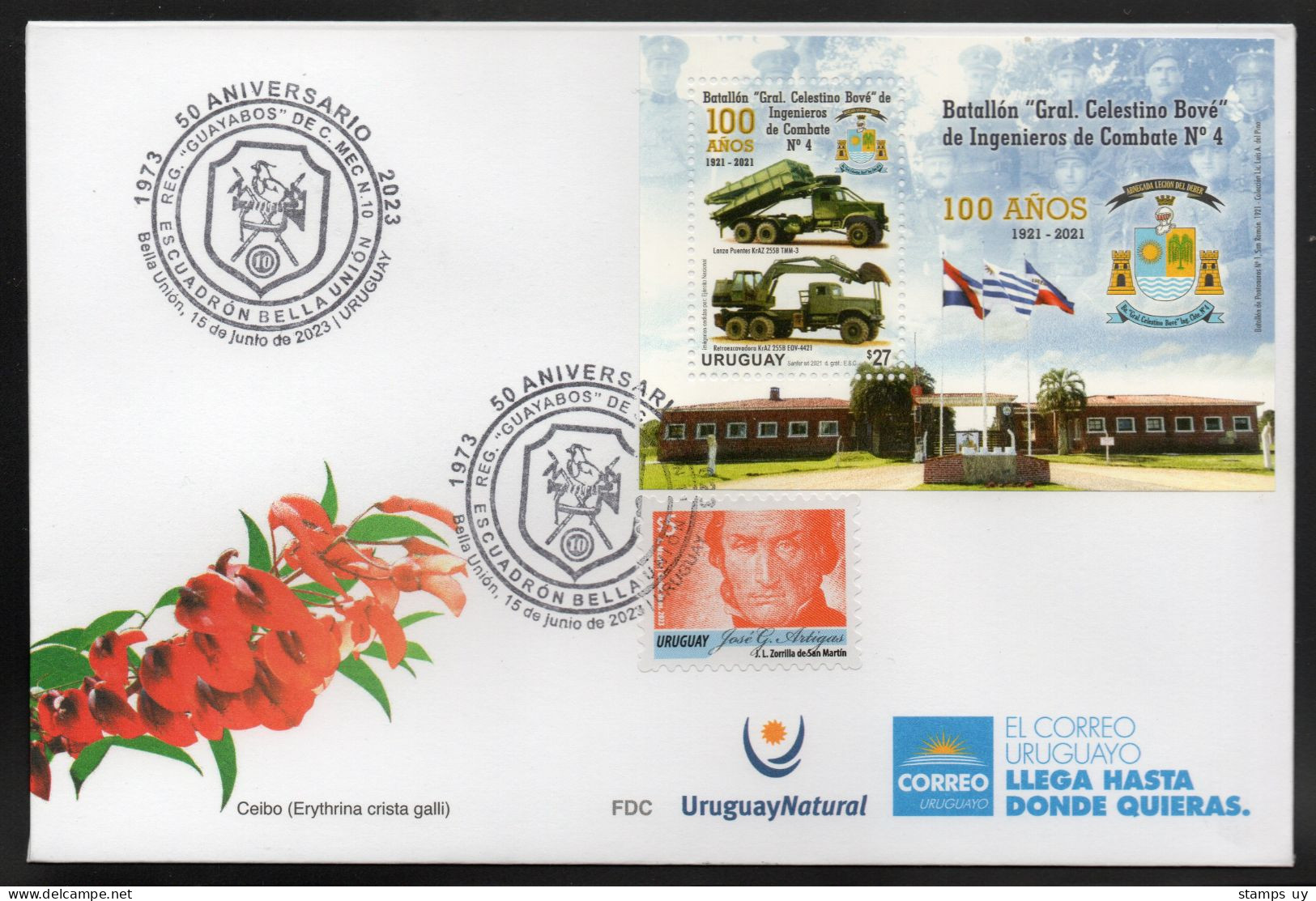 URUGUAY 2023 (Militar, Bird, Vanellus Chilensis, Music Instrument, Bugle, Truck, Bridge) - 1 Cover With Special Postmark - Camiones