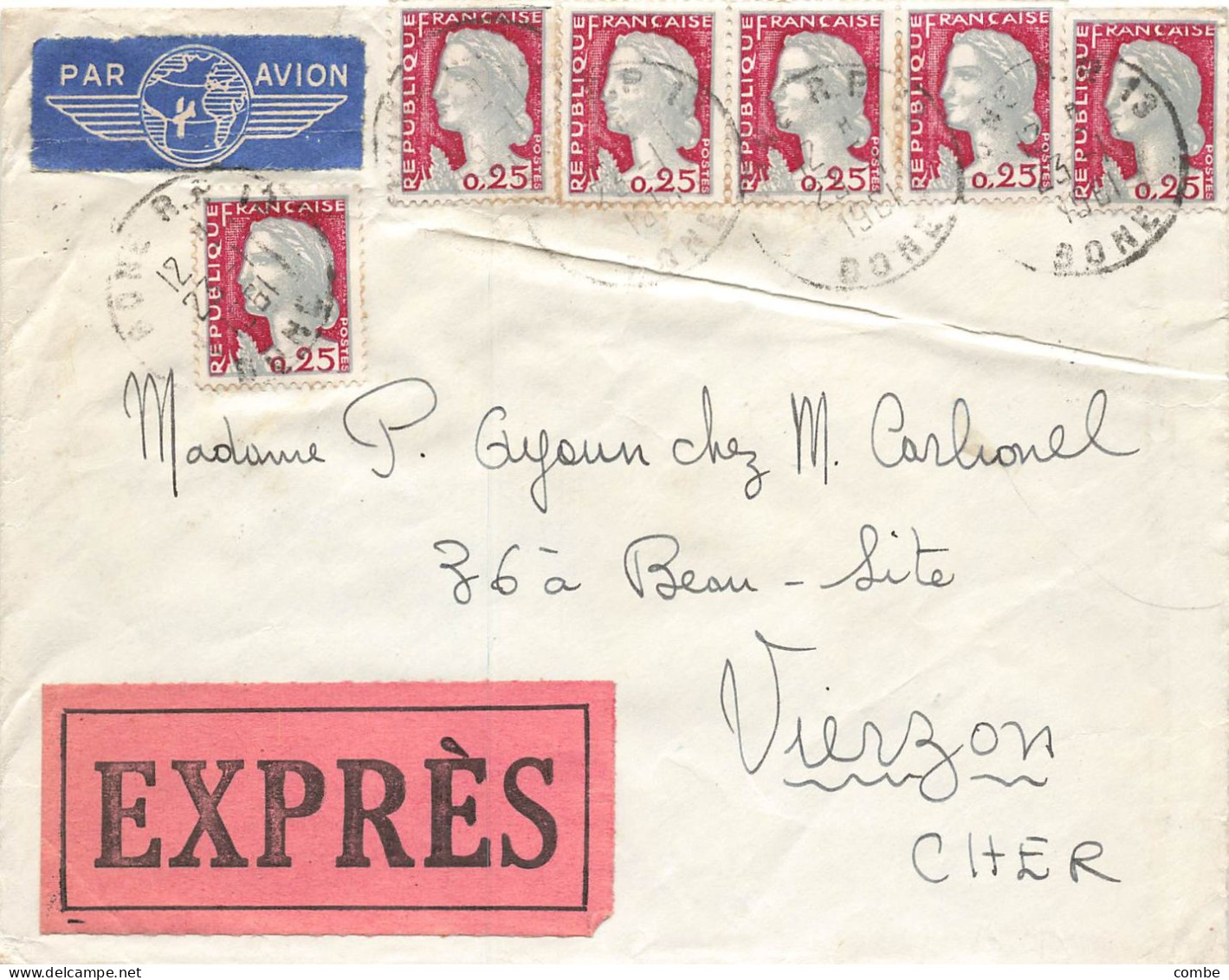 LETTRE. 1960. EXPRES. BONE RP. ALGERIE. PAR AVION. POUR VIERZON. CHER. MARIANNE DECARIS. 150Fr - 1960 Maríanne De Decaris