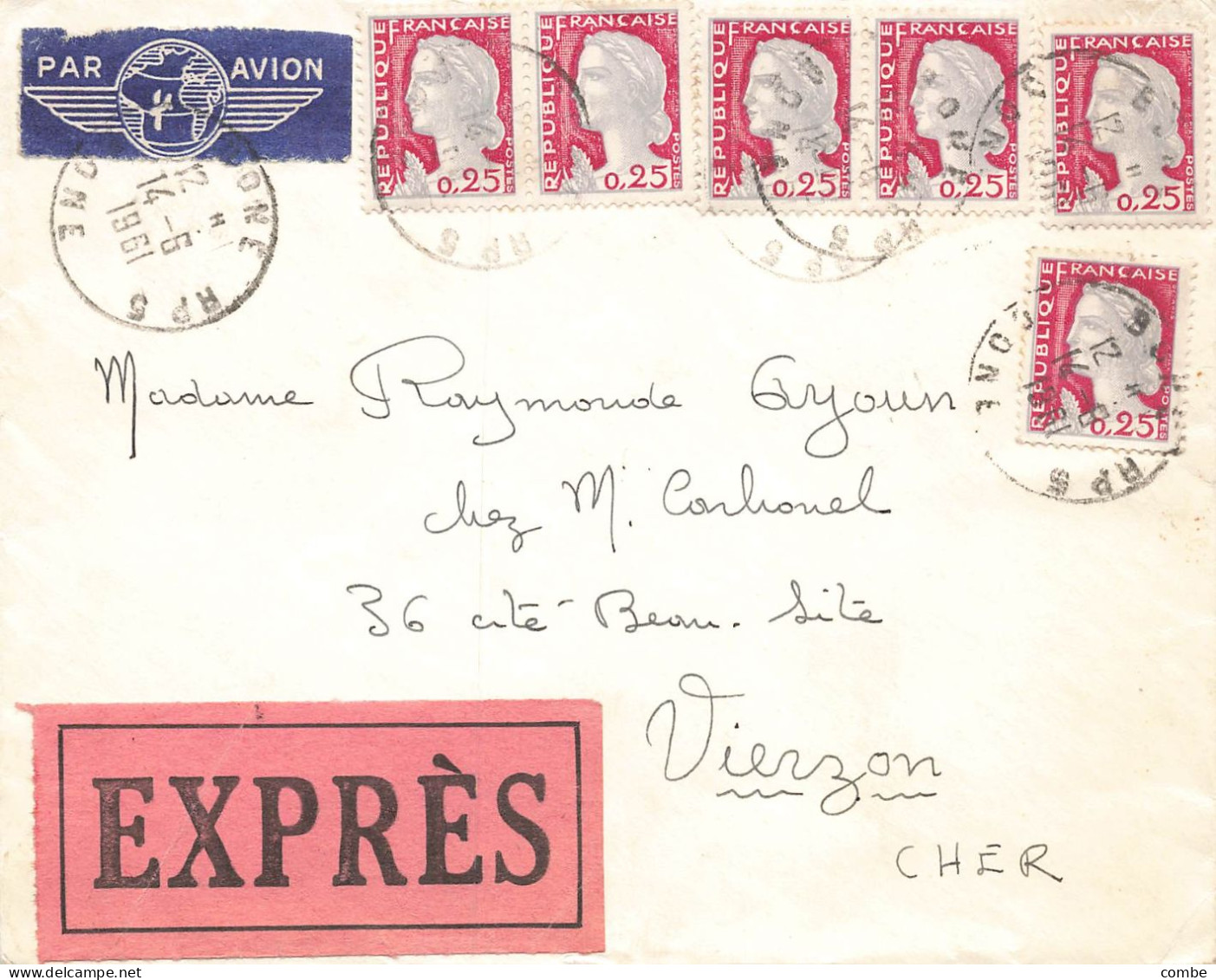 LETTRE. 1960. EXPRES. BONE RP. ALGERIE. PAR AVION. POUR VIERZON. CHER. MARIANNE DECARIS. 150Fr - 1960 Maríanne De Decaris