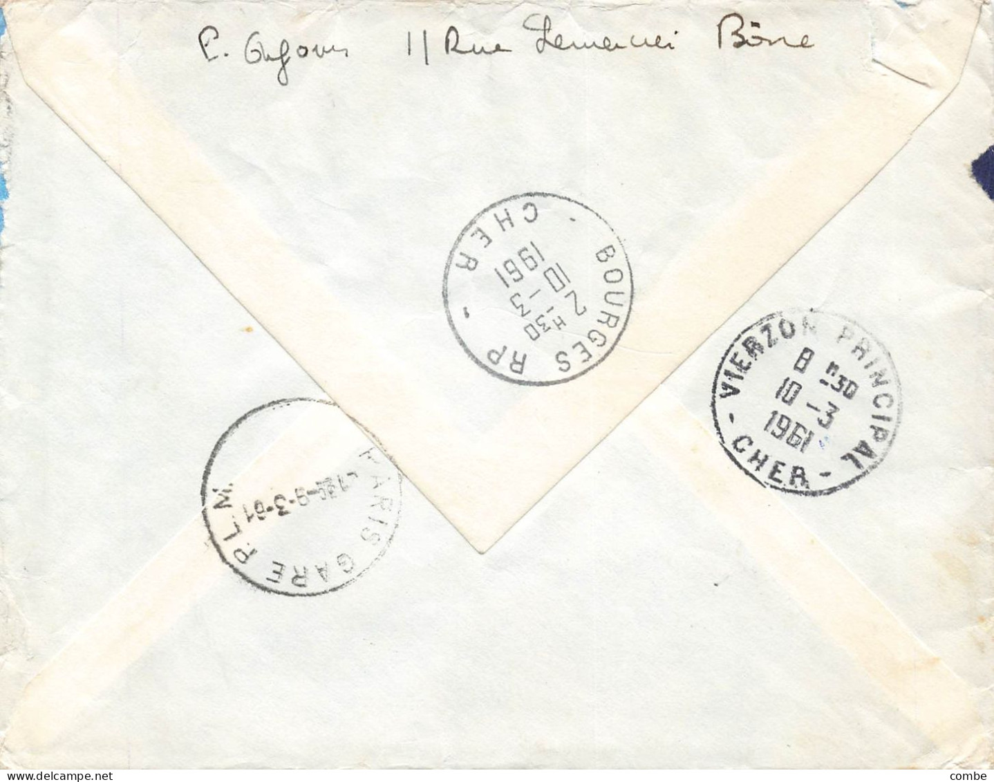 LETTRE. 1960. EXPRES. BONE RP. ALGERIE. PAR AVION. POUR VIERZON. CHER. MARIANNE DECARIS. 145Fr - 1960 Marianne De Decaris