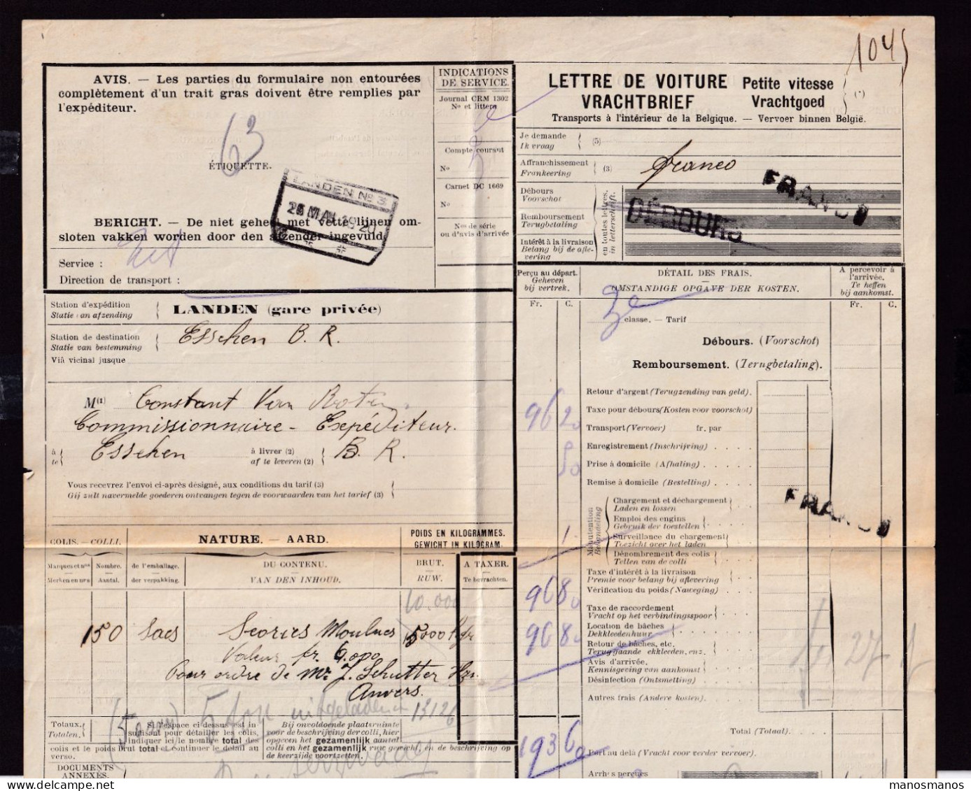 DDFF 143 - Lettre De Voiture Cachet De Gare De LANDEN 1920 Vers ESSCHEN - Griffe DEBOURS Barrée , Griffe FRANCO - Documentos & Fragmentos