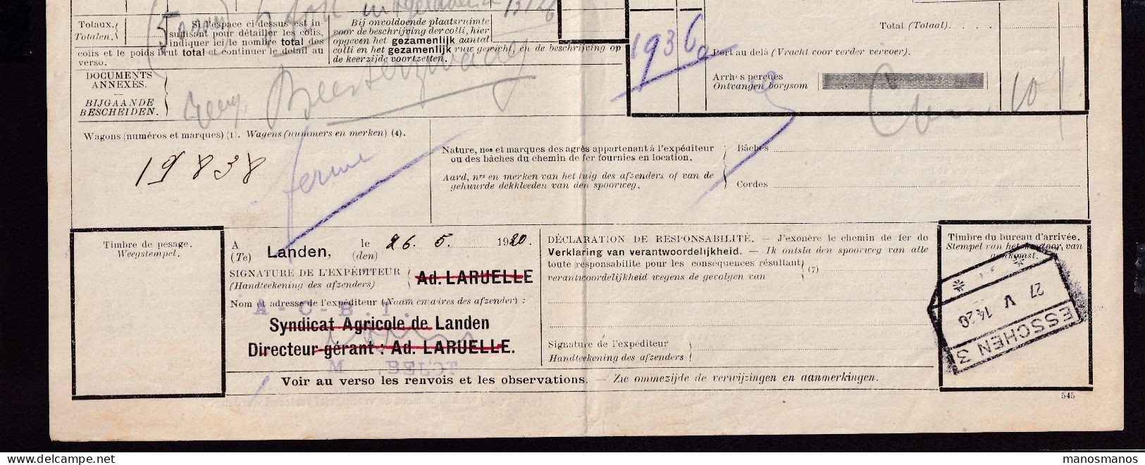 DDFF 143 - Lettre De Voiture Cachet De Gare De LANDEN 1920 Vers ESSCHEN - Griffe DEBOURS Barrée , Griffe FRANCO - Documenten & Fragmenten