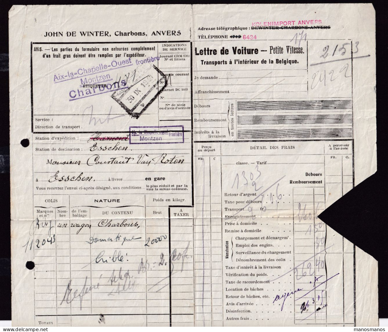 DDFF 144 - Lettre De Voiture Cachet De Gare De MONTZEN 1921 Vers ESSCHEN - Griffe RRR Aix La Chapelle Ouest / Montzen - Documents & Fragments