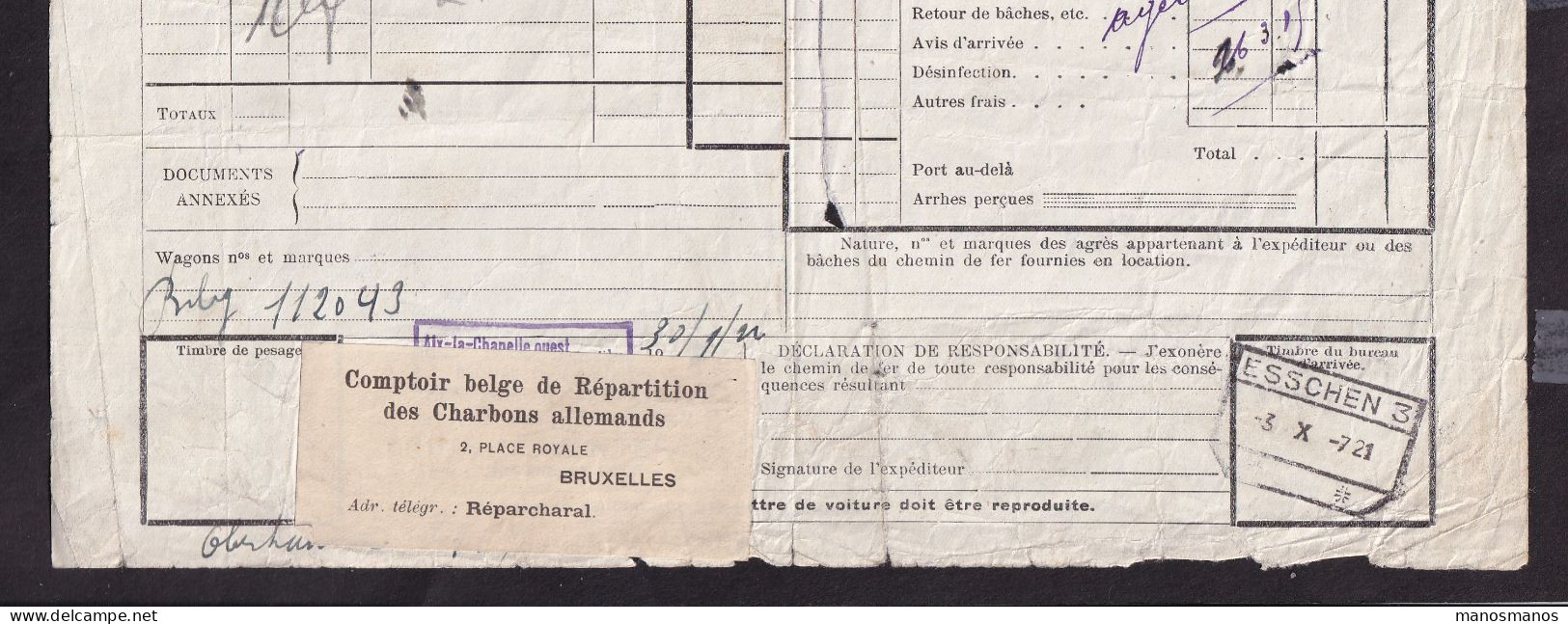 DDFF 144 - Lettre De Voiture Cachet De Gare De MONTZEN 1921 Vers ESSCHEN - Griffe RRR Aix La Chapelle Ouest / Montzen - Dokumente & Fragmente