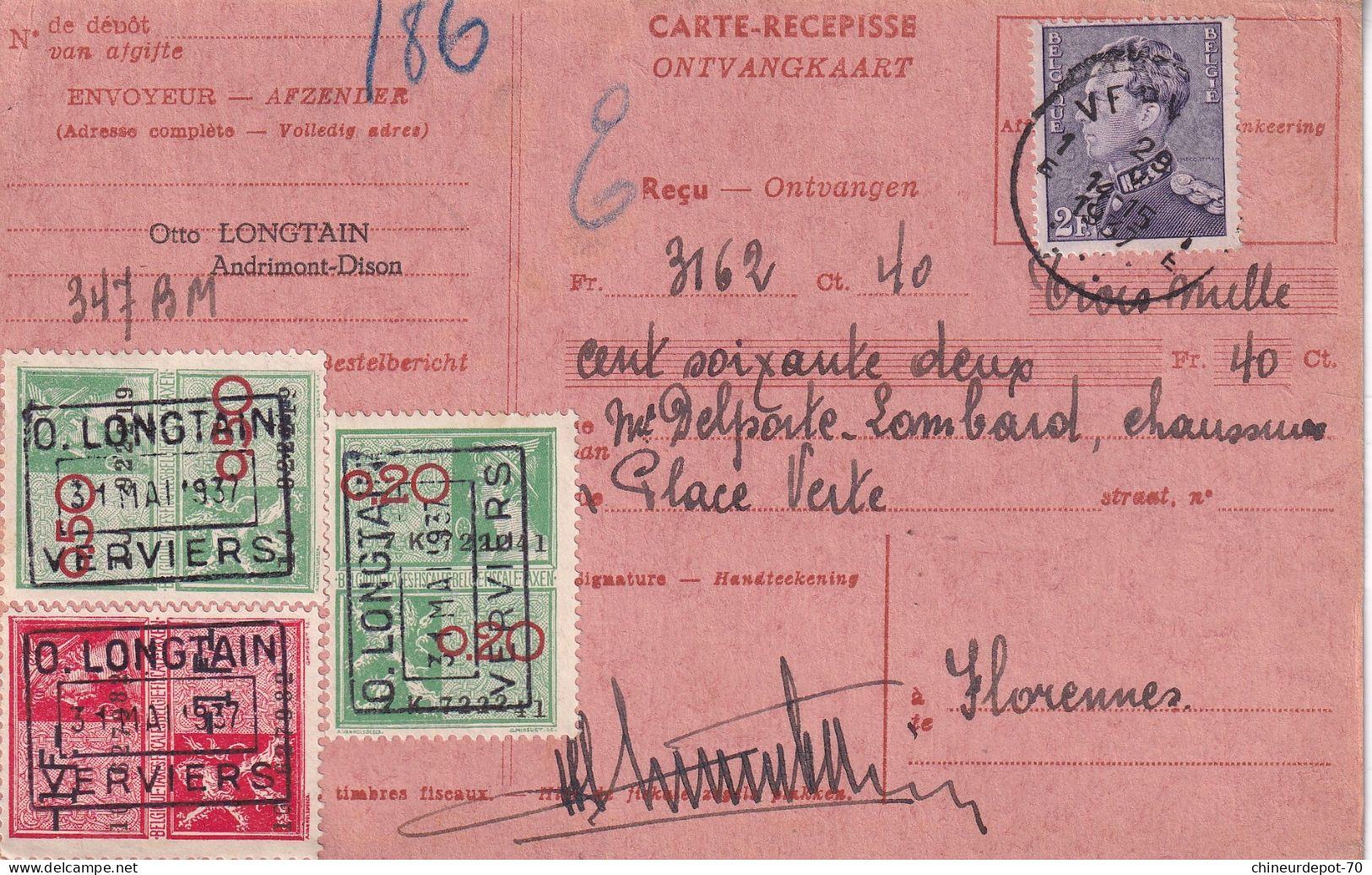 Fiscaux O.longtain 1937 Verviers Florennes - Documents