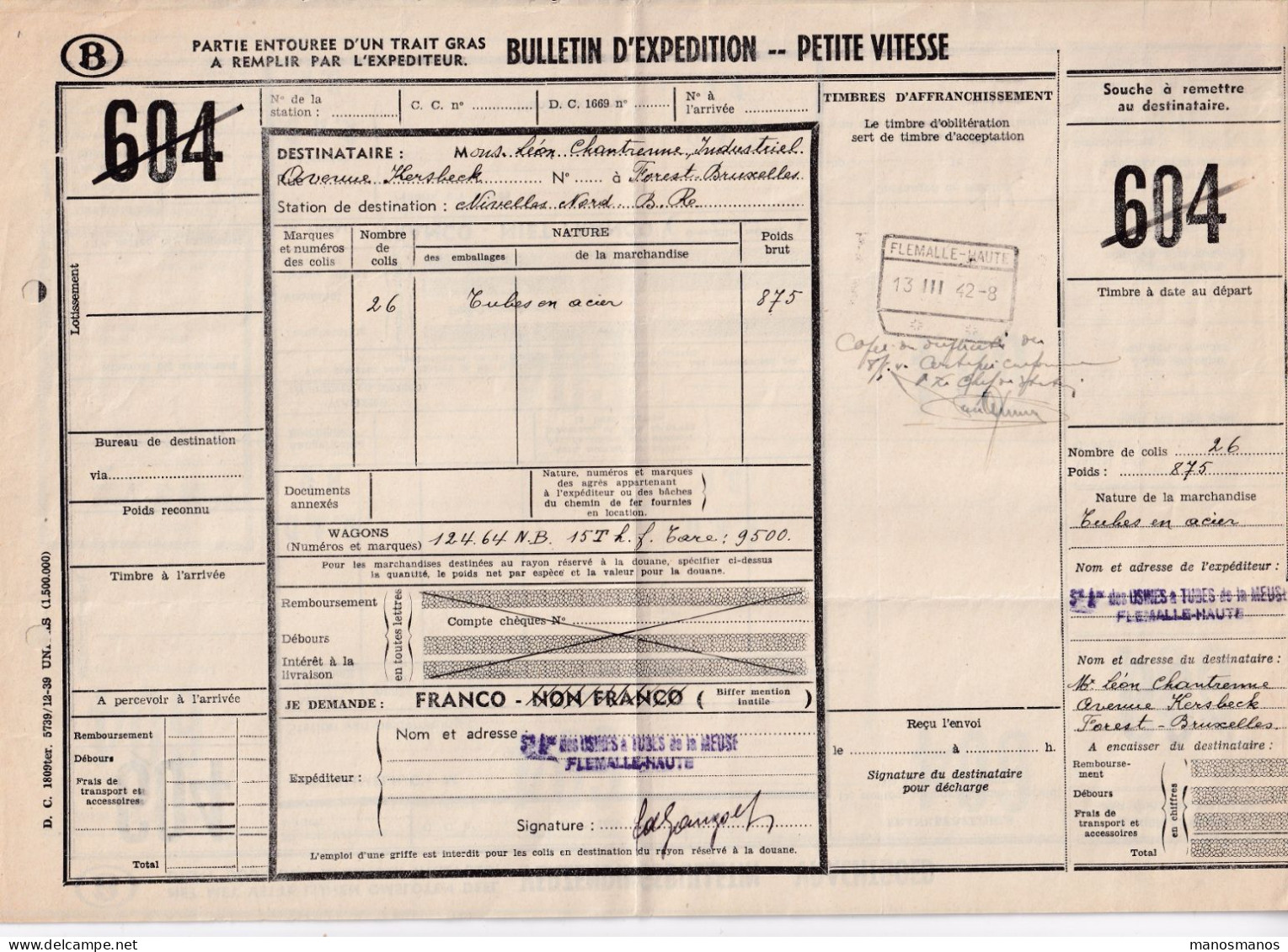 DDFF 145 - Bulletin D' Expédition Gare De FLEMALLE-HAUTE 1942 Vers FOREST BXL - Expéd. S.A.Usines à Tubes De La Meuse - Documenten & Fragmenten