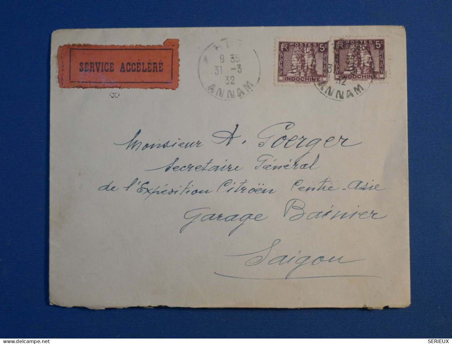 B146  INDO CHINE  BELLE LETTRE SERVICE ACCELéRé RARE 1932 ANNAM A    SAIGON .  + AFF. INTERESSANT + - Cartas & Documentos