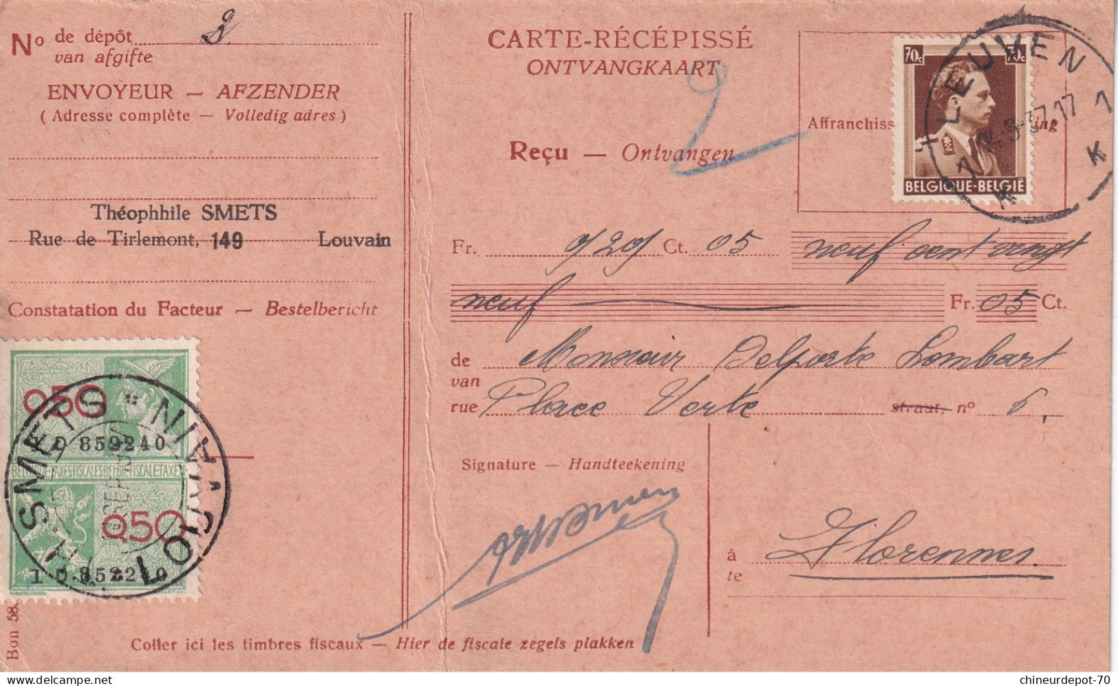 Fiscaux Théophhile Smets Louvain Leuven 1937 1K - Documents