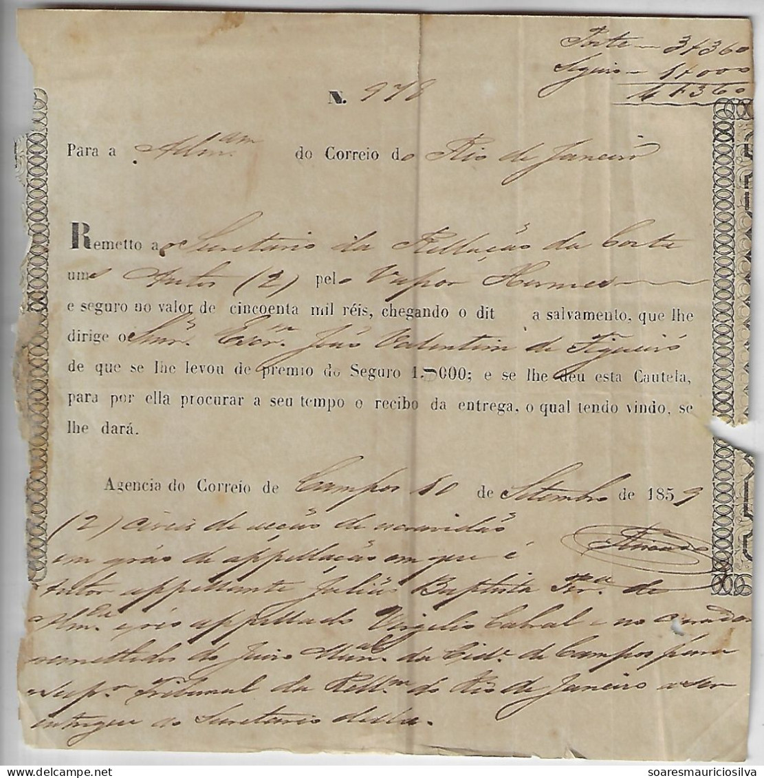 Brazil 1859 Receipt Of Shipment By Mail Post Office Of Process Records By Steamer Hermes From Campos To Rio De Janeiro - Cartas & Documentos