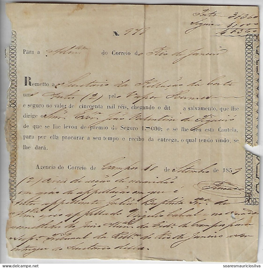 Brazil 1859 Receipt Of Shipment By Mail Post Office Of Process Records By Steamer Hermes From Campos To Rio De Janeiro - Briefe U. Dokumente