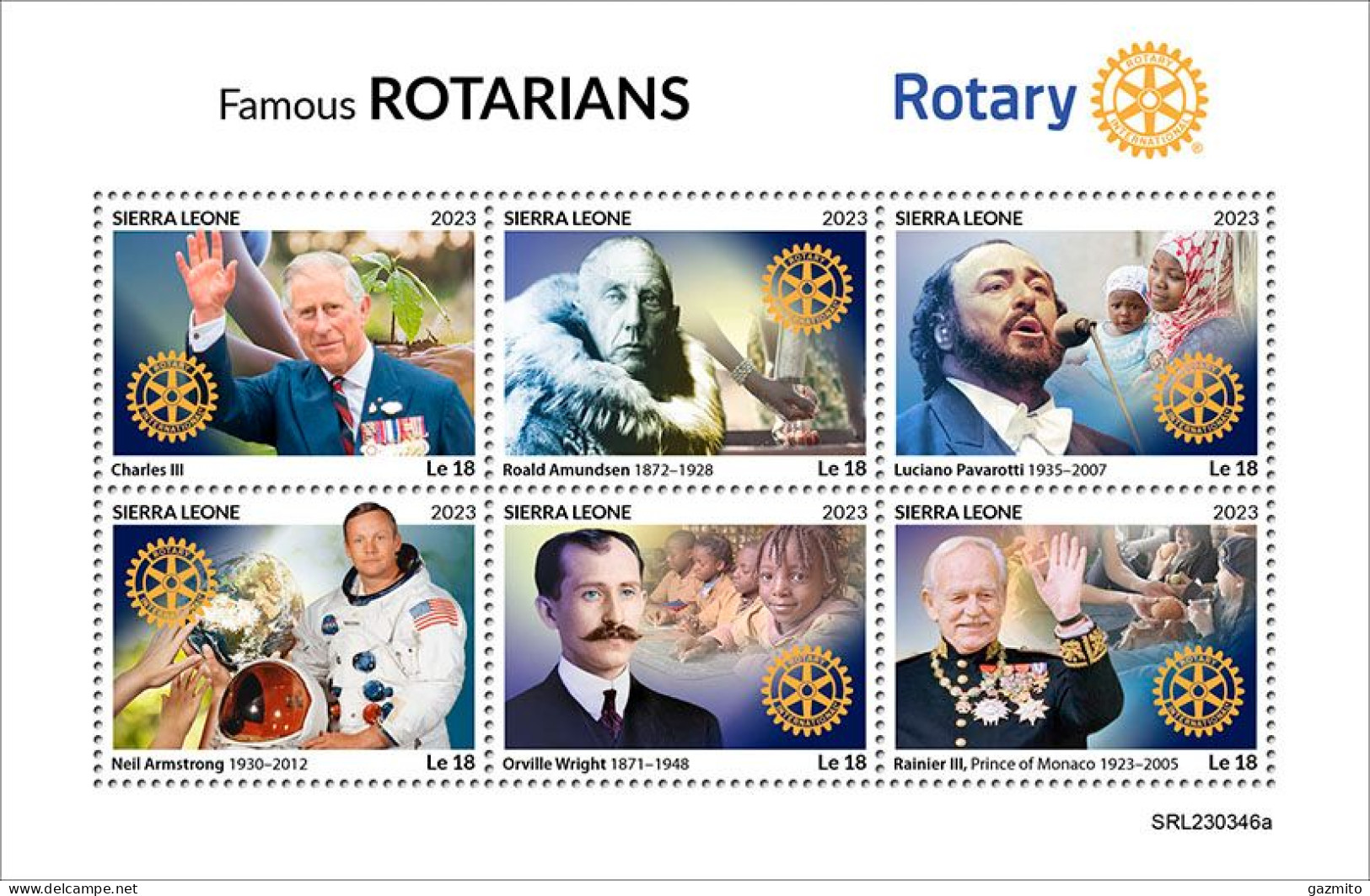 Sierra Leone 2023, Rotary, Pavarotti, Amundsen, N. Armstrong, King Karl III, 6val In BF - Cantantes