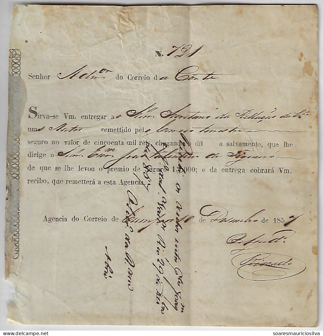 Brazil 1857 Receipt Of Shipment By Mail Post Office Of Process Records By Land Route From Campos To Rio De Janeiro - Covers & Documents