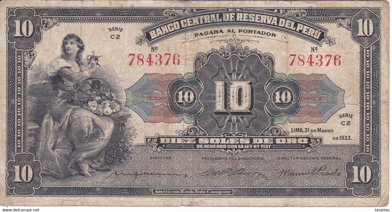 BILLETE DE PERU DE 10 SOLES DE ORO DEL AÑO 1933 (BANKNOTE) - Pérou