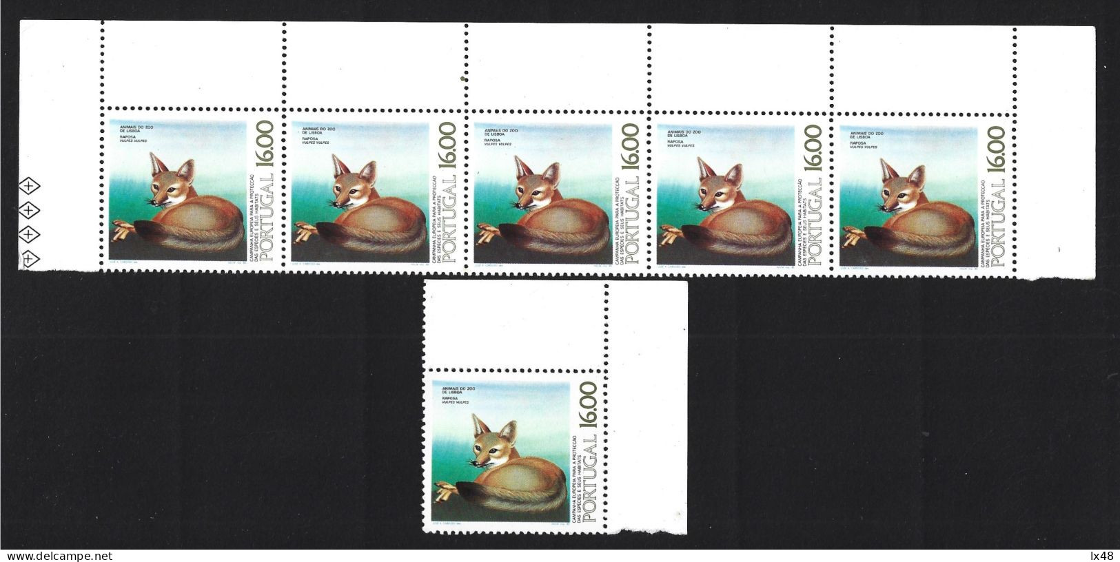 Fox. Vulpes Vulpes. Block 5 Stamps Costing 16$00 Of Fox With Double Red Printing. Fox From Lisbon Zoo. Fuchs. Renard. - Autres & Non Classés