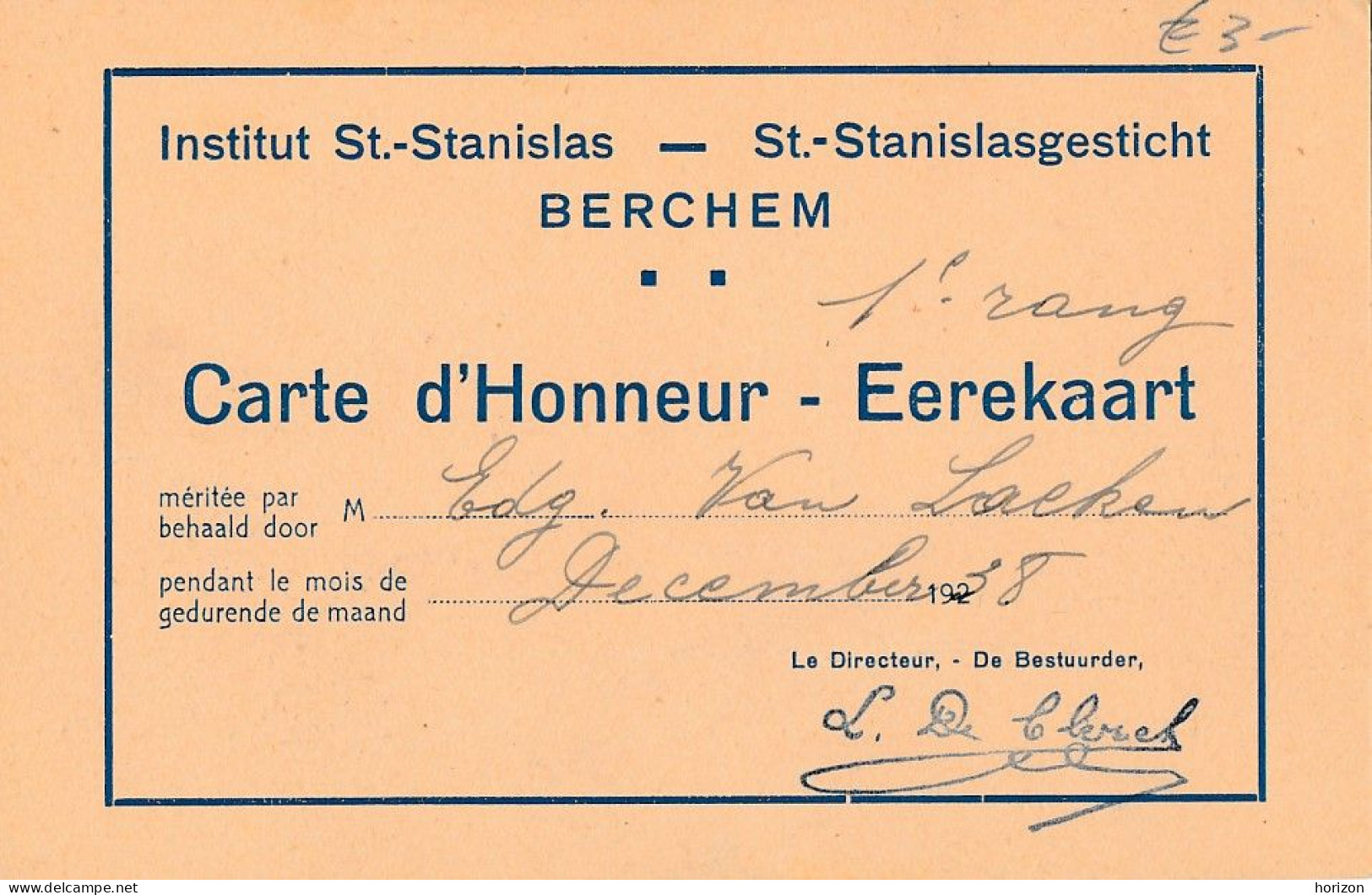 XB.252  BERCHEM - Institut St.-Stanislas… - Carte D'Honneur - 1938 - Berchem-Ste-Agathe - St-Agatha-Berchem