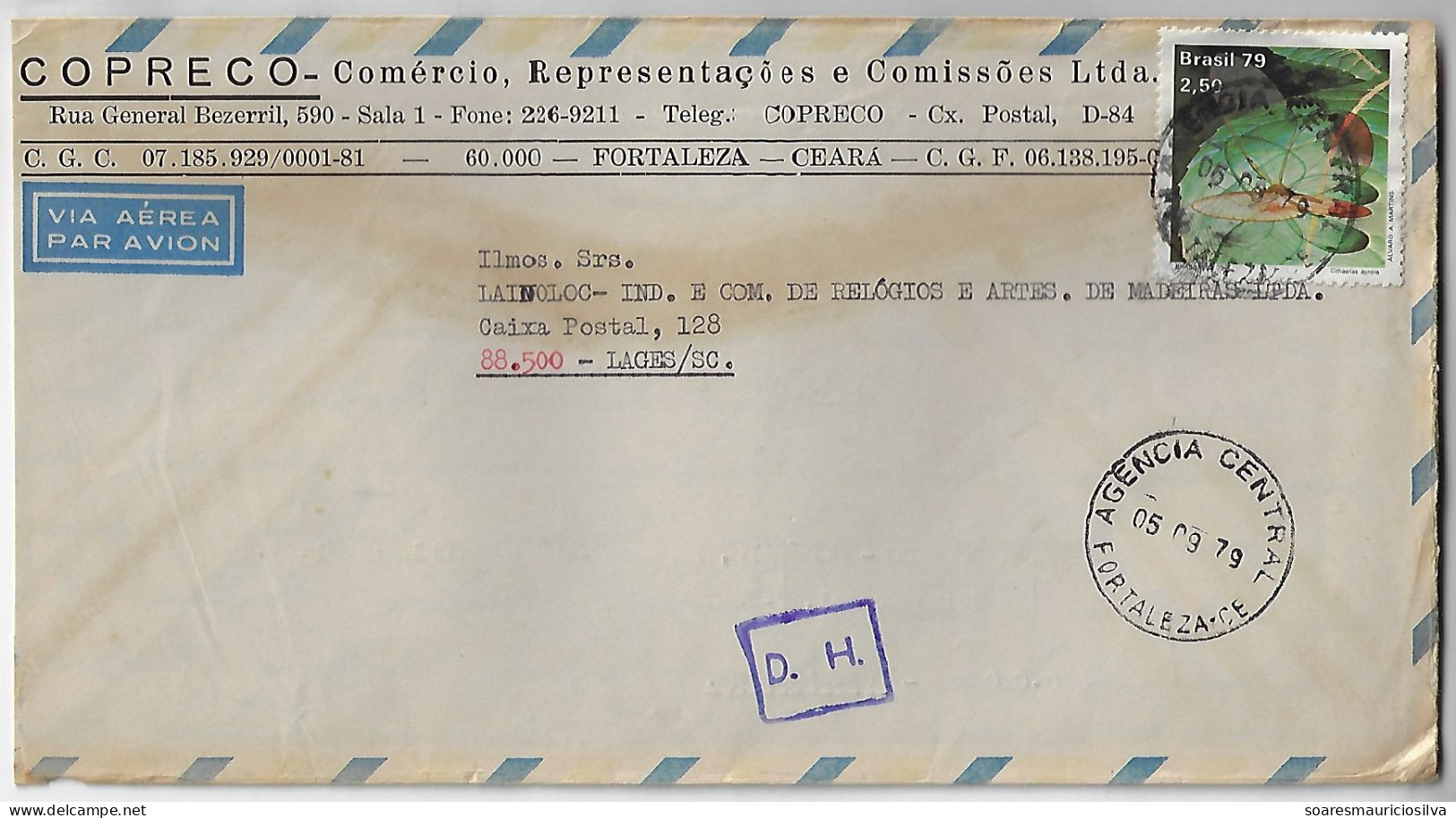 Brazil 1979 Cover From Fortaleza To Lages Stamp Day Brasiliana Exhibition Butterfly Insect Fauna Animal DH After Hour - Brieven En Documenten