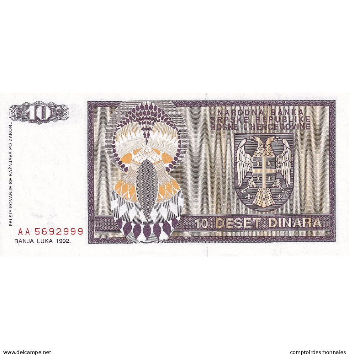 Bosnie-Herzégovine, 10 Dinara, 1992, KM:133a, NEUF - Bosnie-Herzegovine