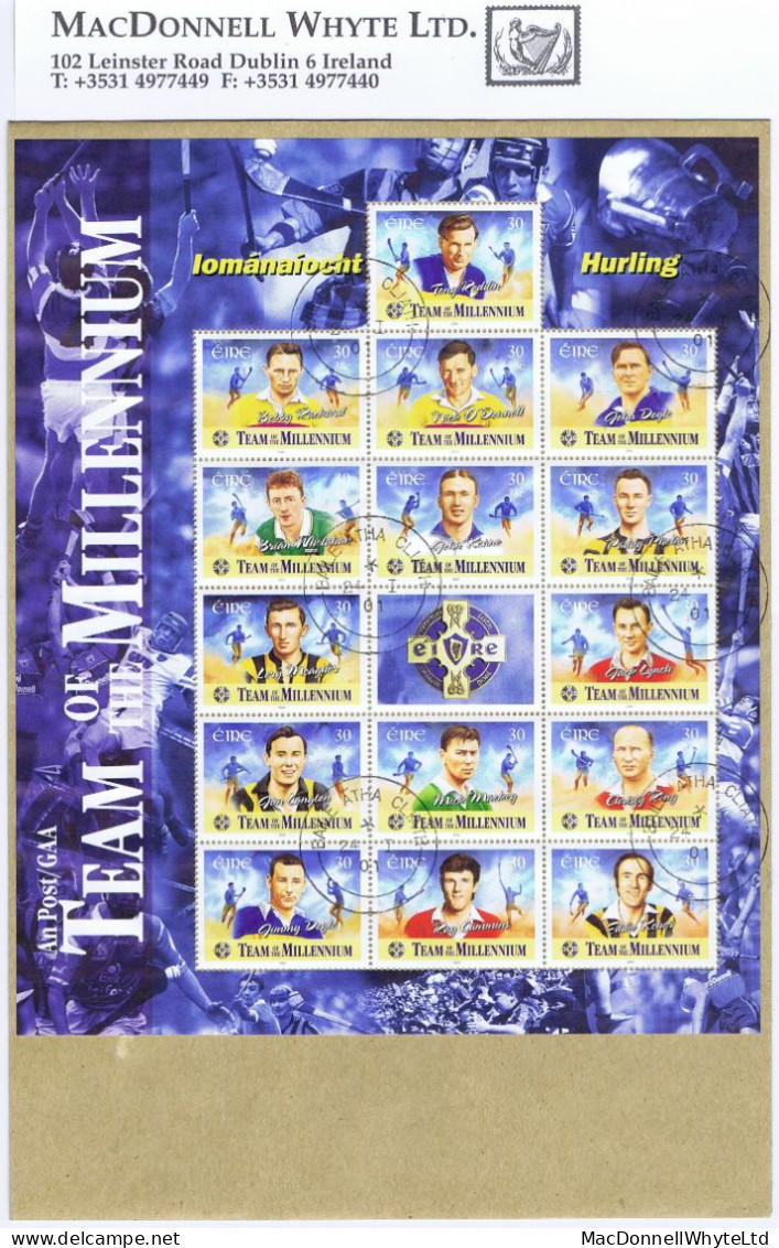 Ireland 2000 GAA Hurling Team Of The Millennium Complete Sheetlet Of 15 Used On Cover Dublin Cds - Carnets
