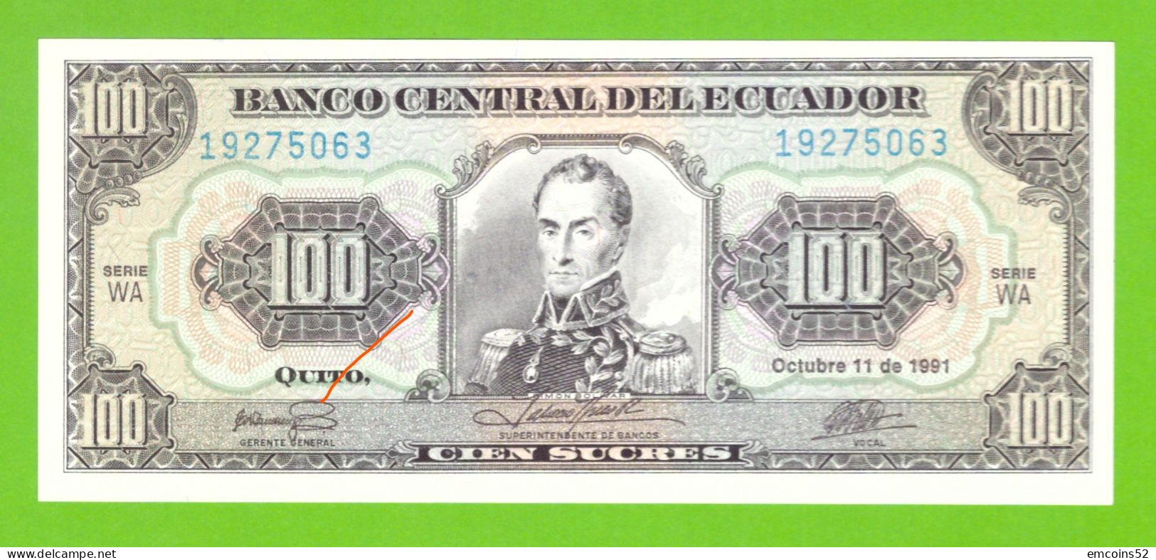 ECUADOR 100 SUCRES 1991 WA  P-123Aa(1) UNC - Equateur