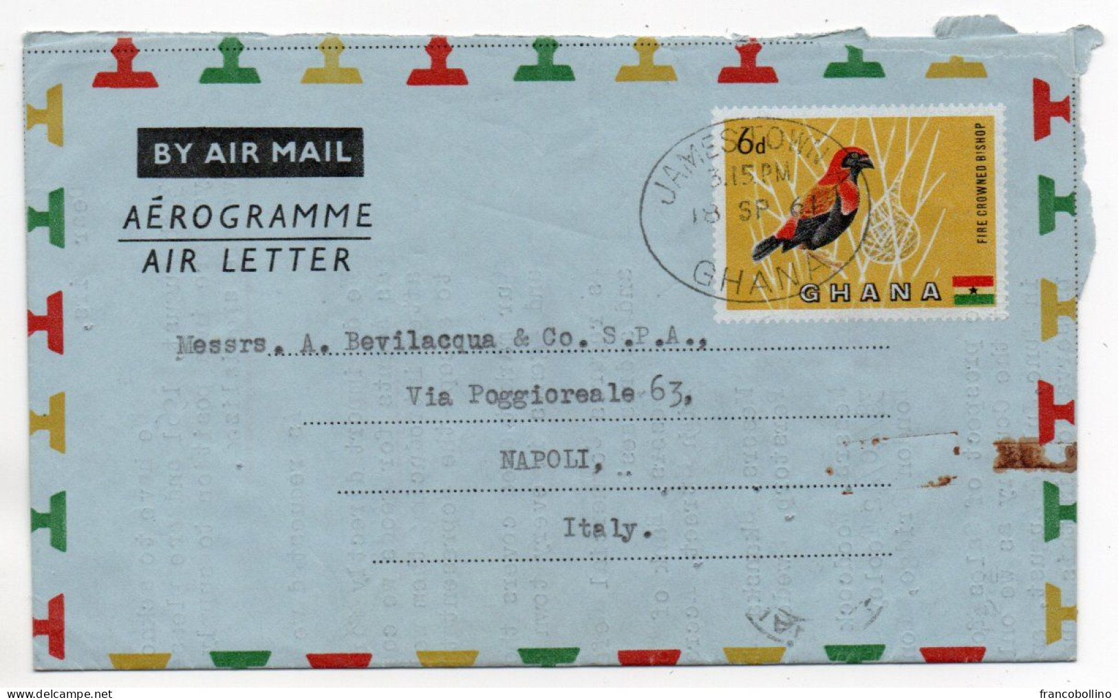 GHANA - AEROGRAMME/AIR LETTER 6d.TO ITALY / JAMESTOWN CANCEL 1961 - BIRD (FIRE CROWNED BISHOP) - Ghana (1957-...)