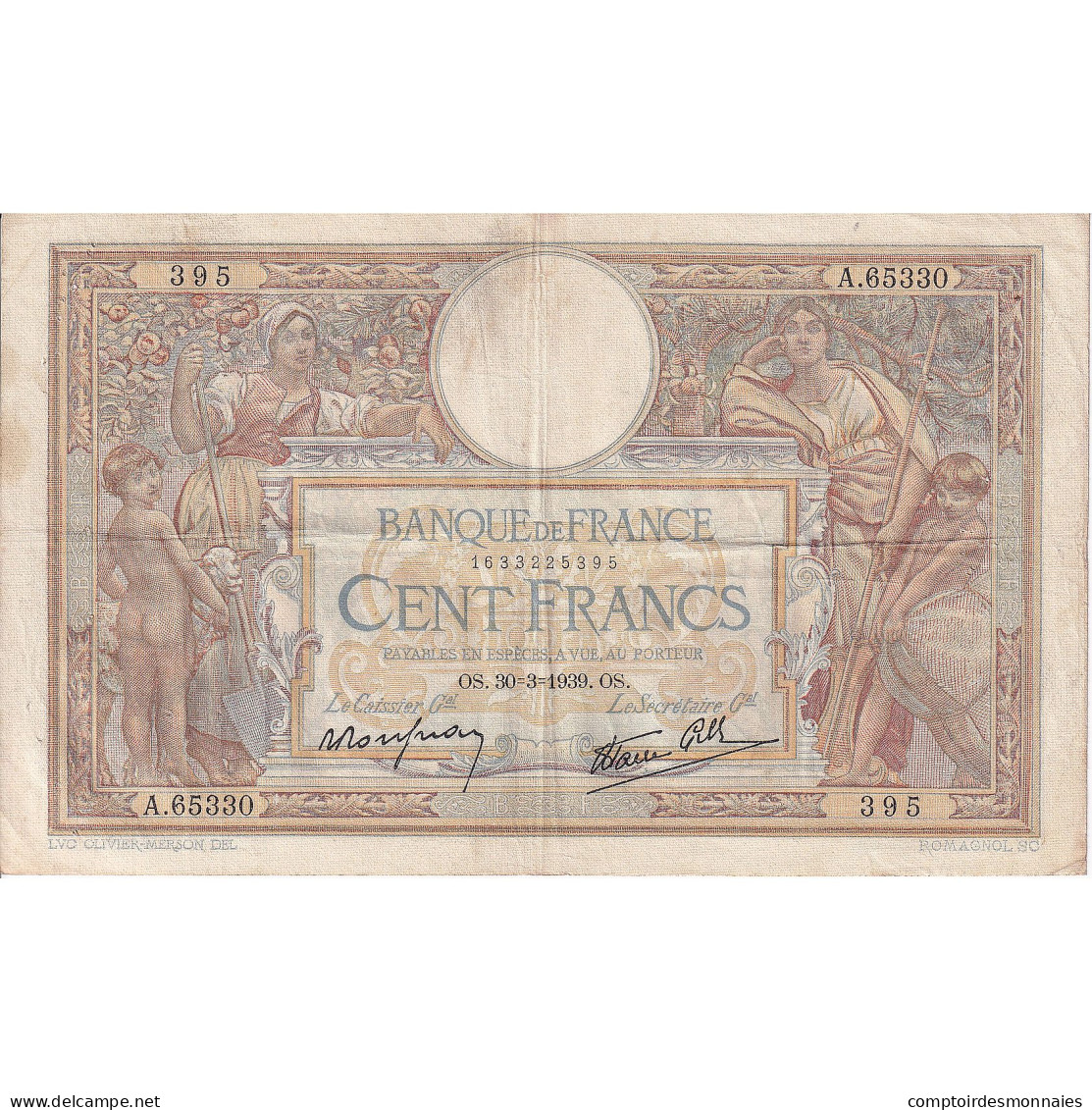 France, 100 Francs, Luc Olivier Merson, 1939, 1939-03-30, TB+, Fayette:25.44 - 100 F 1908-1939 ''Luc Olivier Merson''