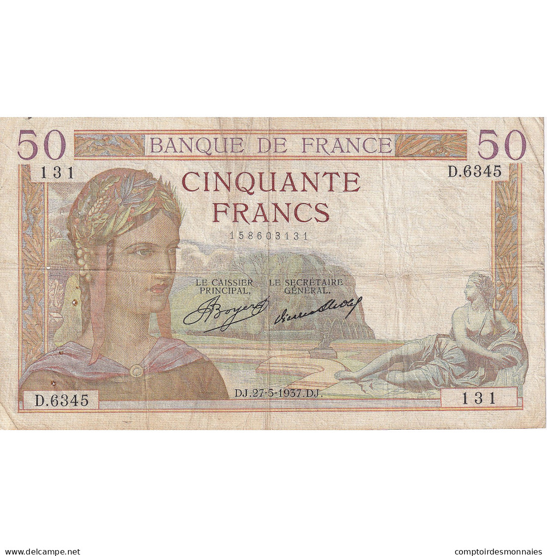 France, 50 Francs, Cérès, 1937, D.6345, TTB, Fayette:17.39, KM:81 - 50 F 1934-1940 ''Cérès''