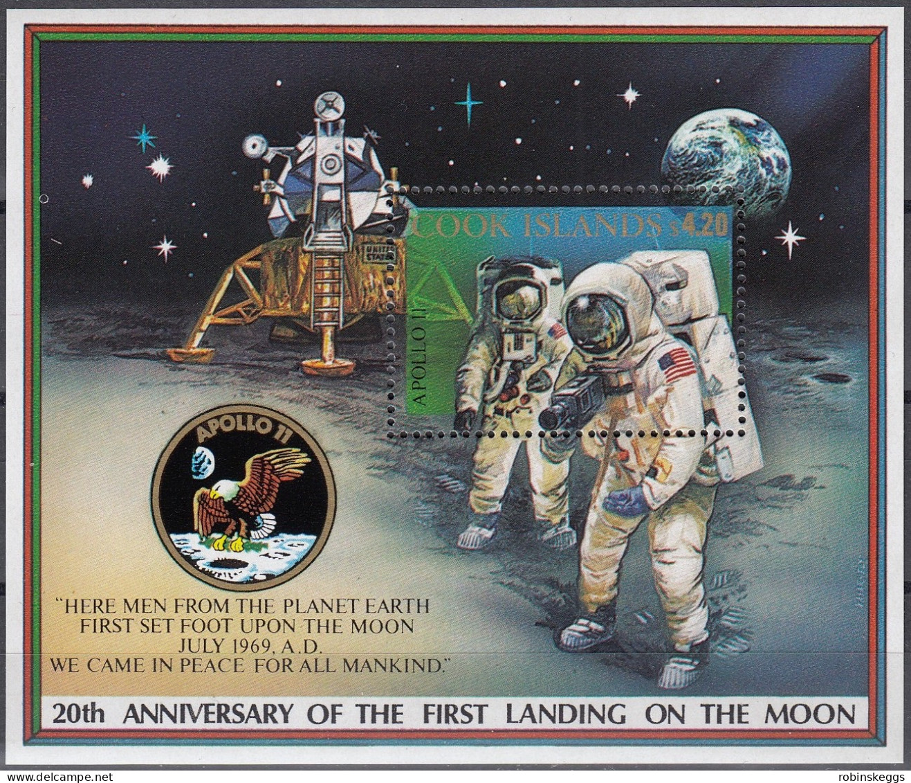 COOK ISLANDS 1989 First Manned Landing On The Moon 20th Anniversary, $4.20 M/S MNH - Oceania