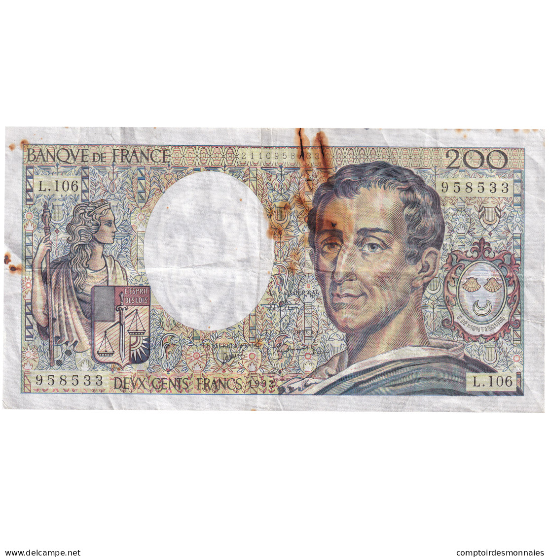 France, 200 Francs, Montesquieu, 1992, L.106, B, Fayette:70.12a, KM:155e - 200 F 1981-1994 ''Montesquieu''