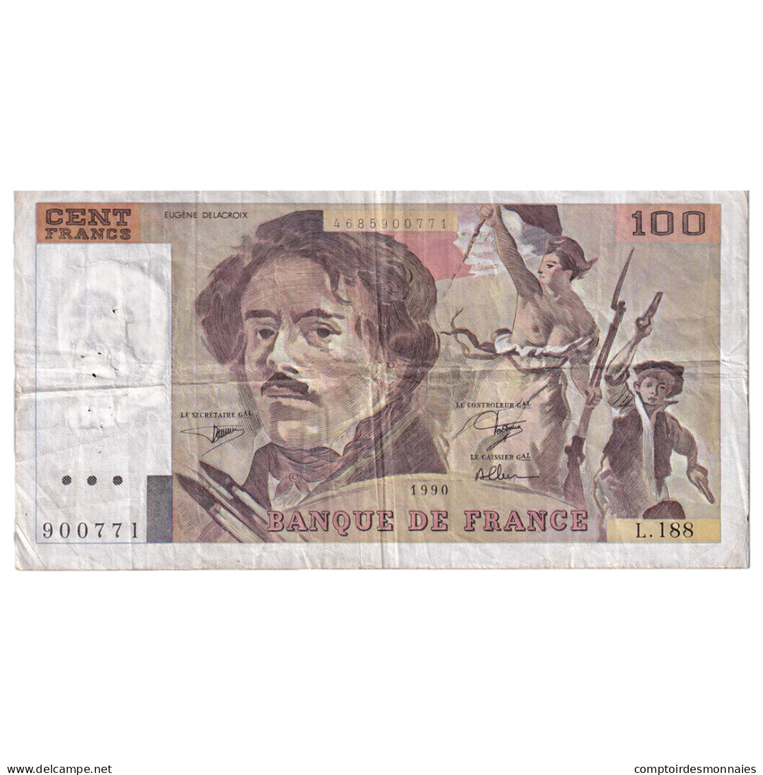 France, 100 Francs, Delacroix, 1990, L.188, TB, Fayette:69bis.2e1, KM:154e - 100 F 1978-1995 ''Delacroix''