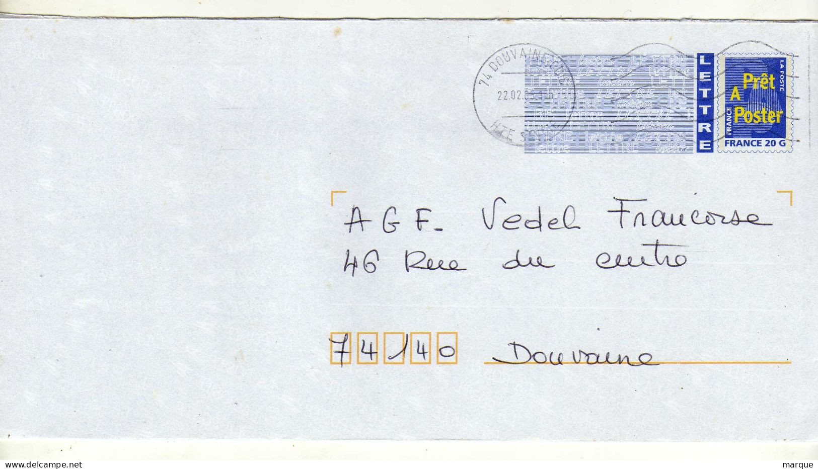 Enveloppe FRANCE Prêt à Poster Lettre 20g Oblitération DOUVAINE CDIS 22/02/2005 - PAP: Ristampa/Logo Bleu