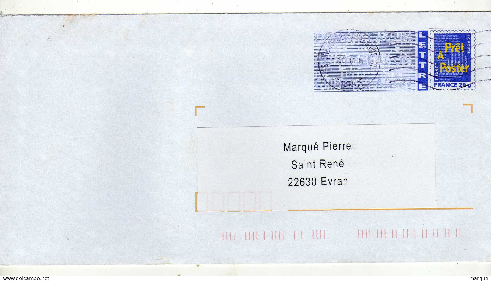 Enveloppe FRANCE Prêt à Poster Lettre 20g Oblitération GRENOBLE SASSENAGE 16/01/2007 - PAP: Ristampa/Logo Bleu