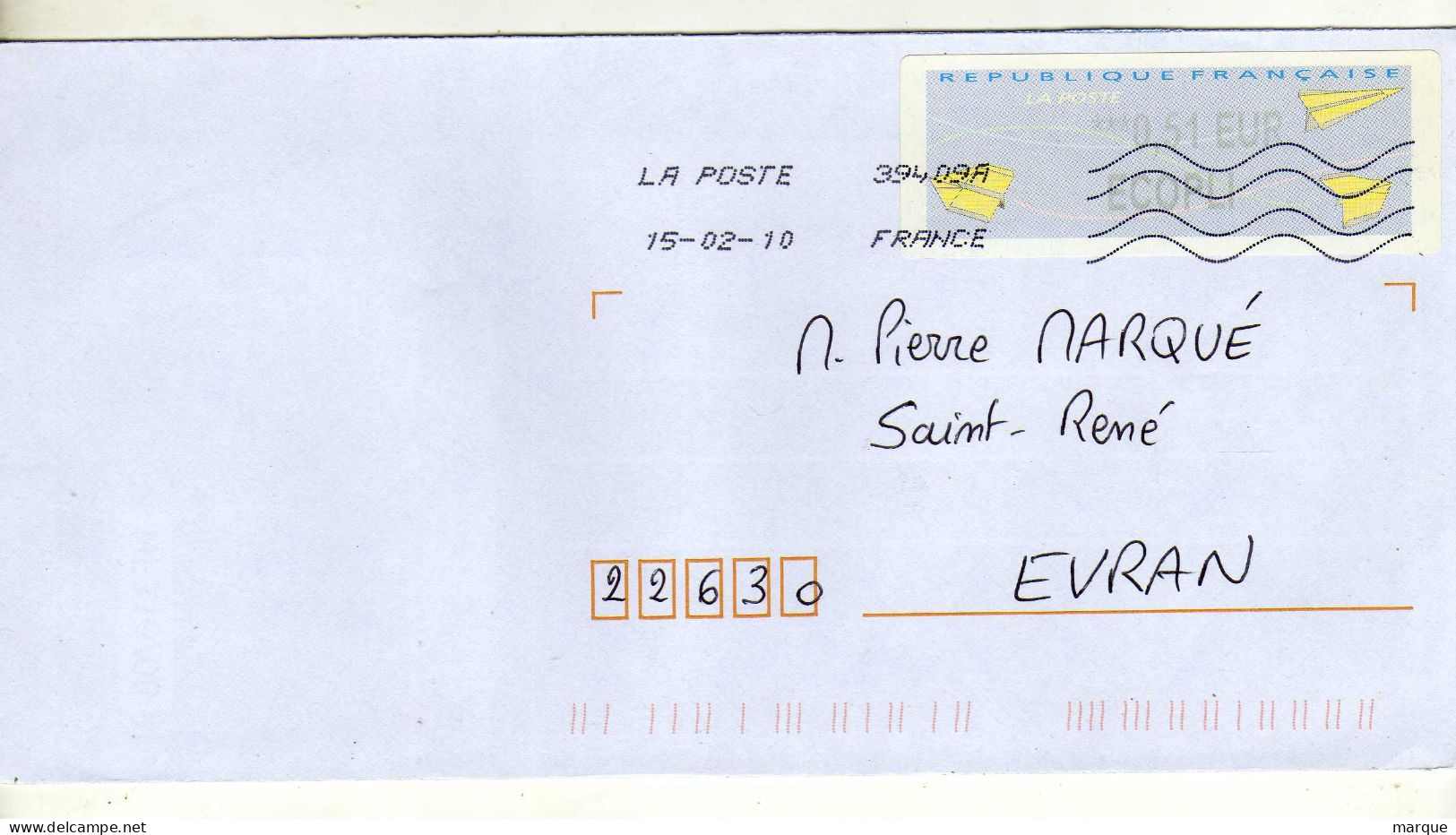 Enveloppe FRANCE Avec Vignette Affranchissement Ecopli Oblitération LA POSTE 39409A 15/02/2010 - 2000 « Avions En Papier »