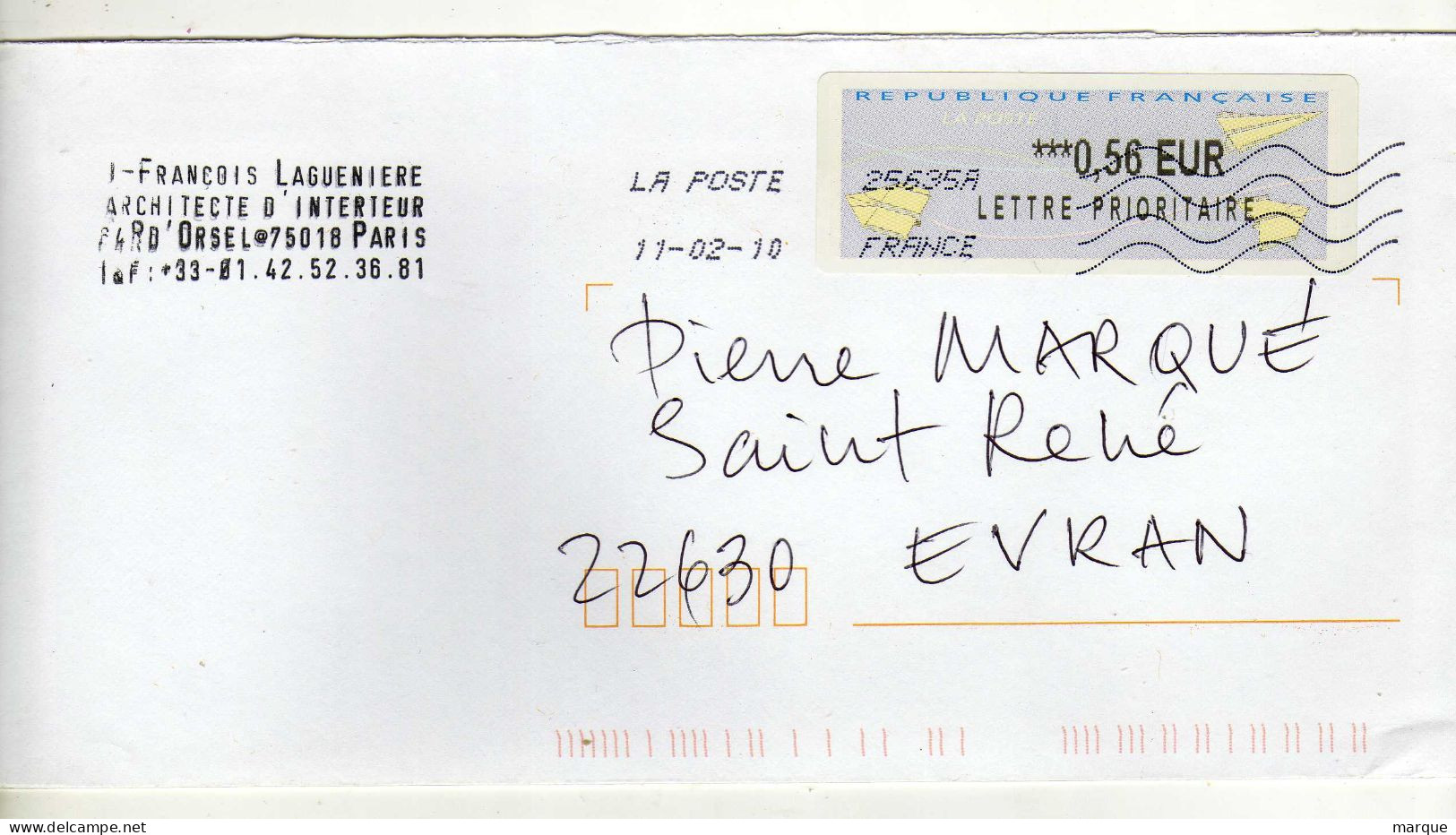 Enveloppe FRANCE Avec Vignette Affranchissement Lettre Prioritaire Oblitération LA POSTE 25635A 11/02/2010 - 2000 Type « Avions En Papier »