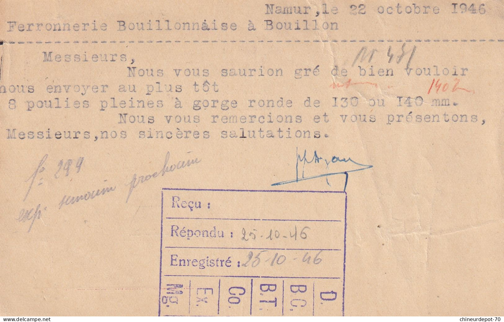 -10% Petit Lion établissements Ansotte Quincaillerie Namur Ferronnerie Bouillon En 1946 - 1946 -10%
