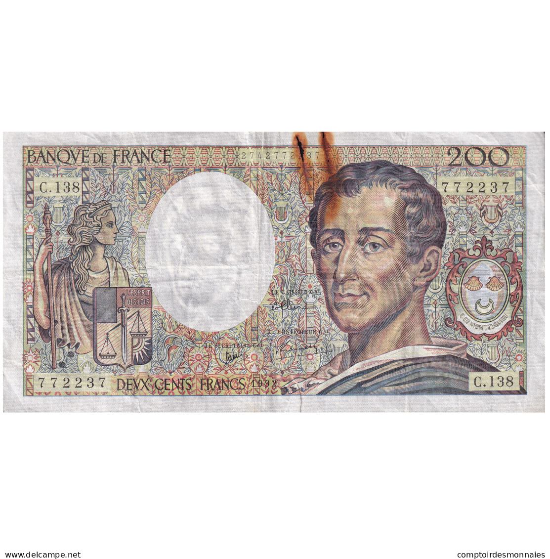 France, 200 Francs, Montesquieu, 1992, C.138, B, Fayette:70.12c, KM:155e - 200 F 1981-1994 ''Montesquieu''