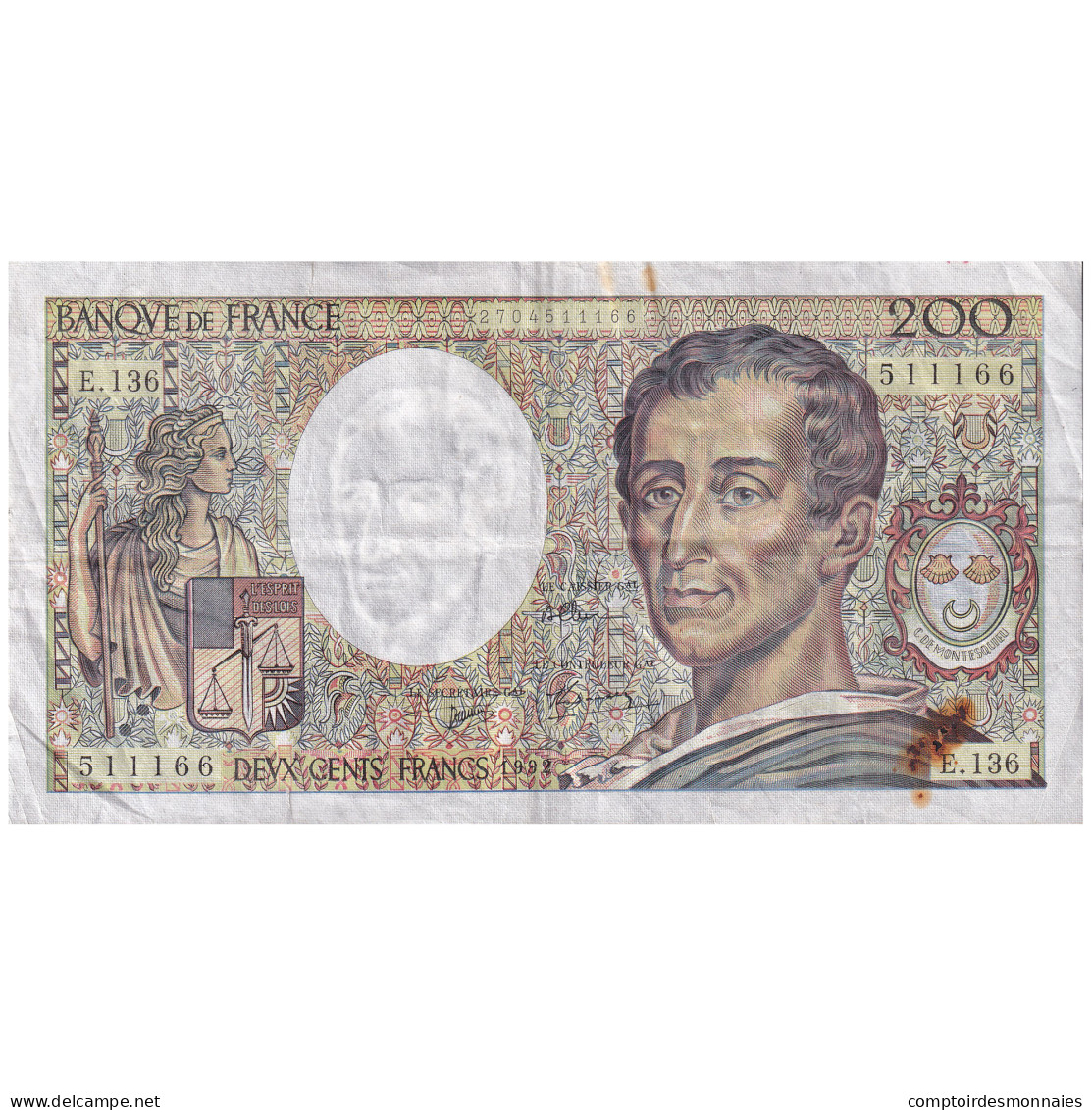 France, 200 Francs, Montesquieu, 1992, E.136, TB, Fayette:70.12c, KM:155e - 200 F 1981-1994 ''Montesquieu''