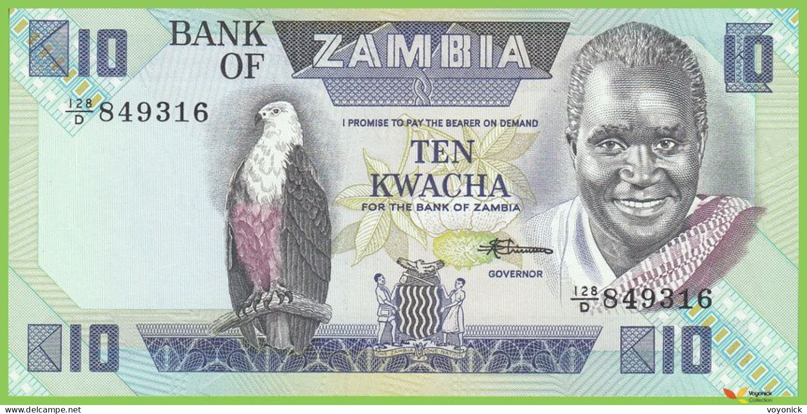 Voyo ZAMBIA 10 Kwacha ND/1988 P26e B127e  UNC Prefix 128/D Fish Eagle - Zambia