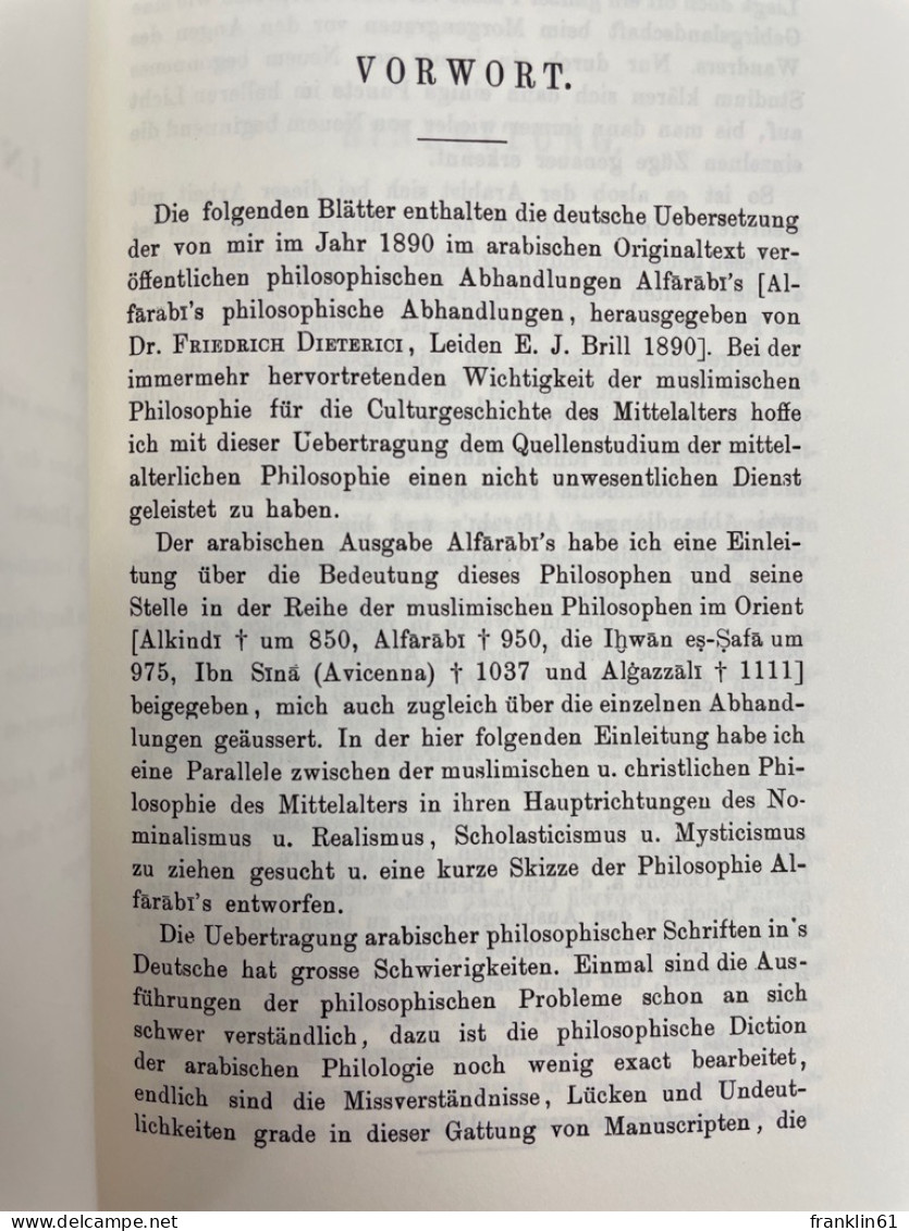 Alfarabi's Philosophische Abhandlungen. Aus Dem Arabischen übersetzt Von Dr. Fr. Dieterici. - Philosophie