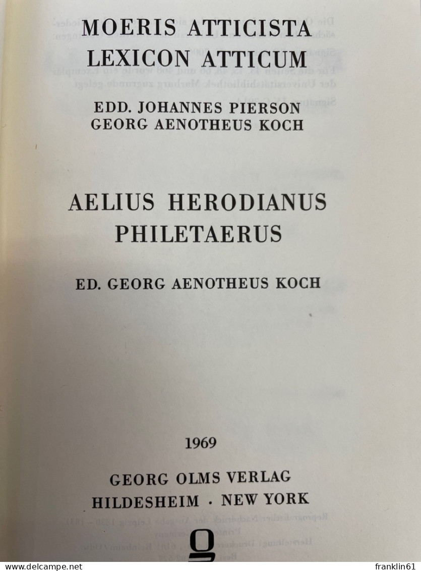 Moeris Atticista Lexicon Atticum. - Poésie & Essais