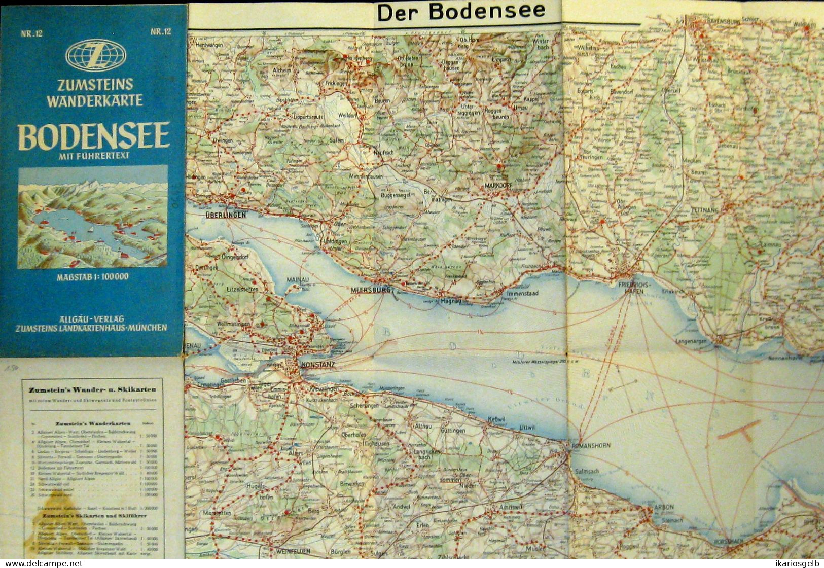BODENSEE D/CH/Ö Spezial-Wanderkarte 1950 !!  1:100000 Farbig Relief Zumstein - Cartes Topographiques