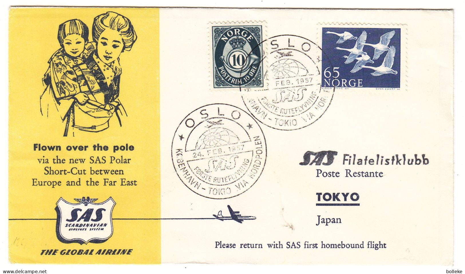 Norvège - Lettre De 1957 - Oblit Oslo - 1 Er Vol Kobenhavn Tokyo Via Nordpolen - Idées Européennes - - Cartas & Documentos