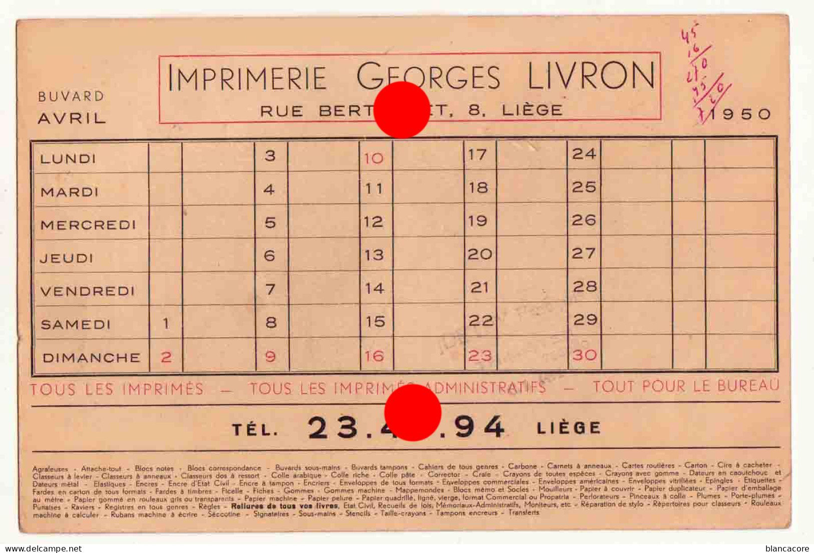 Imprimerie Georges Livron Liége Rue Bertholet  1950 - Papelería