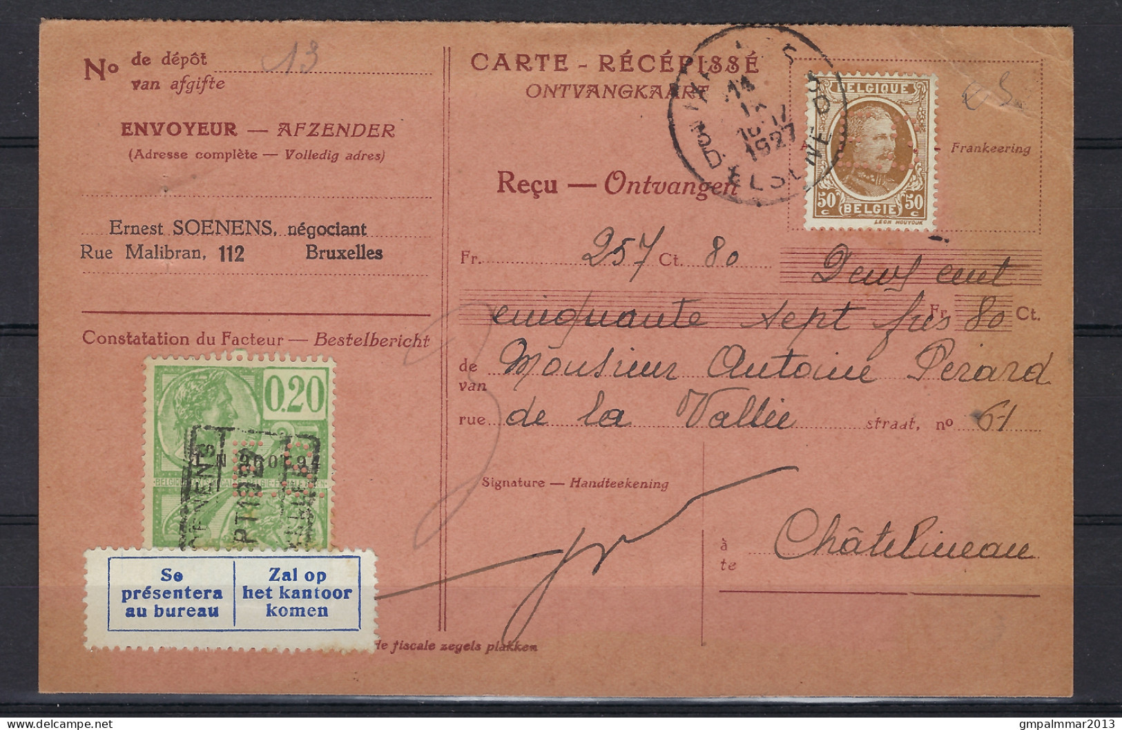 PERFIN / PERFO "ES" Van Firma ERNEST SOENENS Op Ontvangkaart Met HOUYOUX  ; Details En Staat Zie 3 Scans ! LOT 231 - 1909-34