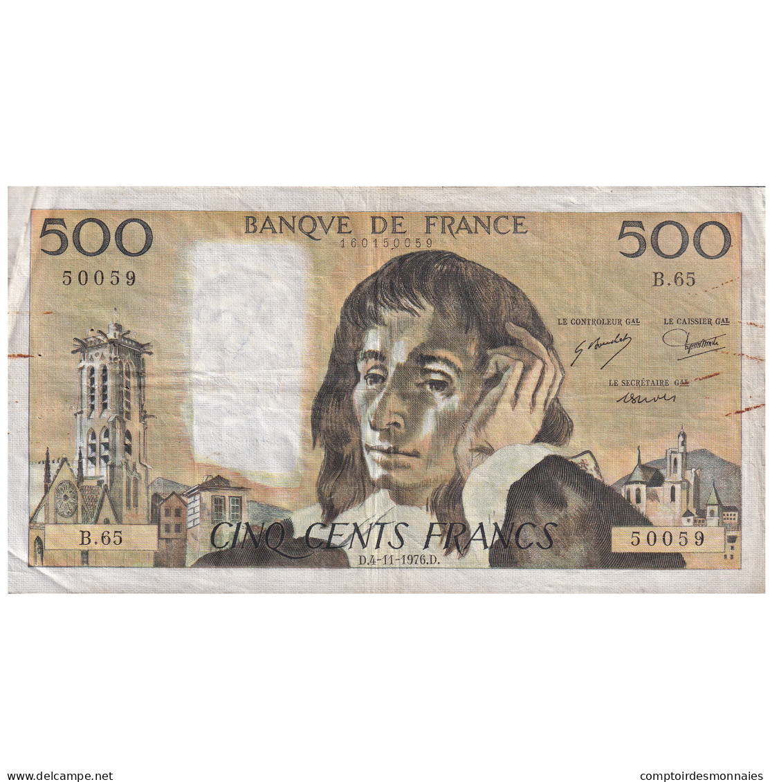 France, 500 Francs, Pascal, 1976, B.65, TB, Fayette:71.15, KM:156d - 500 F 1968-1993 ''Pascal''