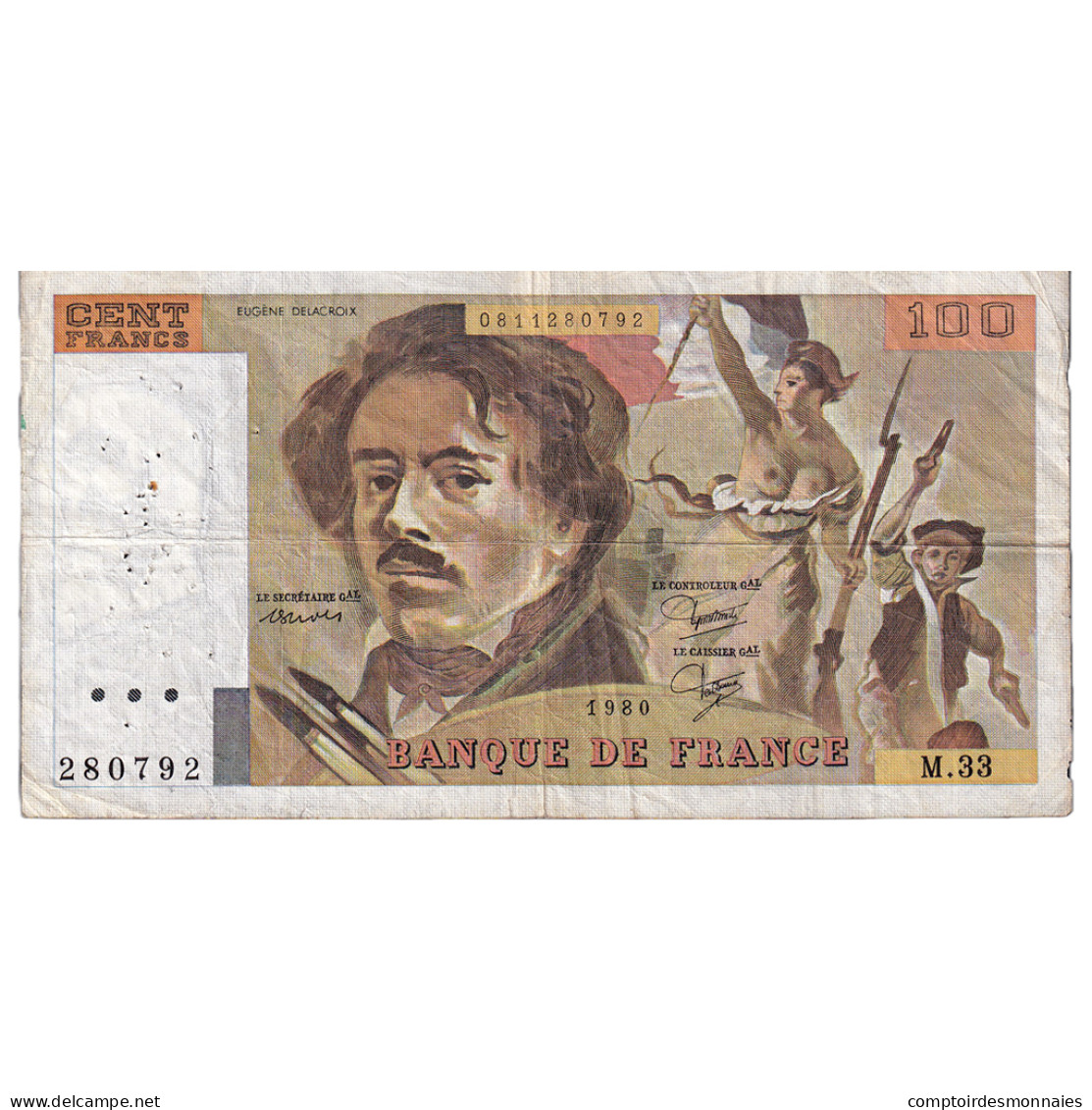 France, 100 Francs, Delacroix, 1980, M.33, TB, Fayette:69.4a, KM:154b - 100 F 1978-1995 ''Delacroix''