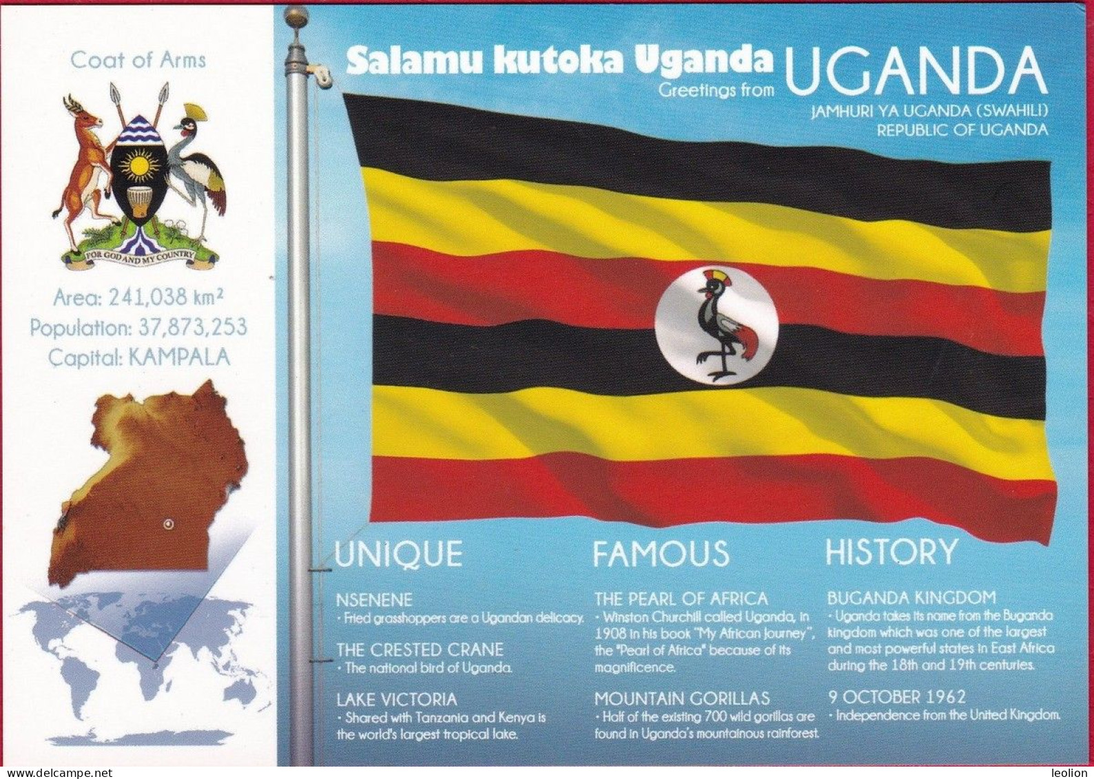 UGANDA FOTW Flags Of The World Postcard 2023 Cancelled With National FLAG Postage Stamp OUGANDA - Uganda