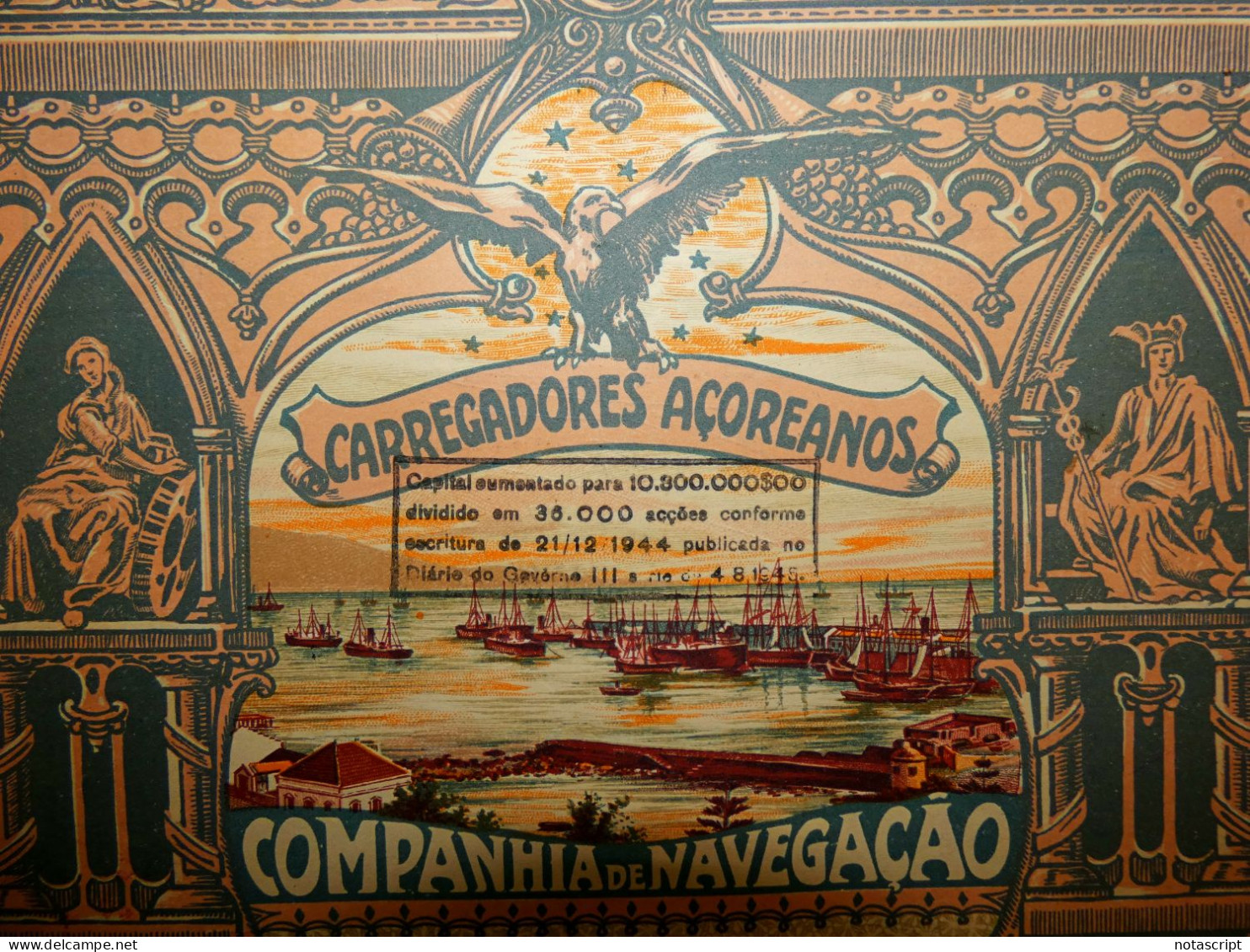 CARREGADORES AÇOREANOS COMPANHIA DE NAVEGAÇAO ,Ponta Delgada 1 Título De 5 Acciones 1920 - Navegación