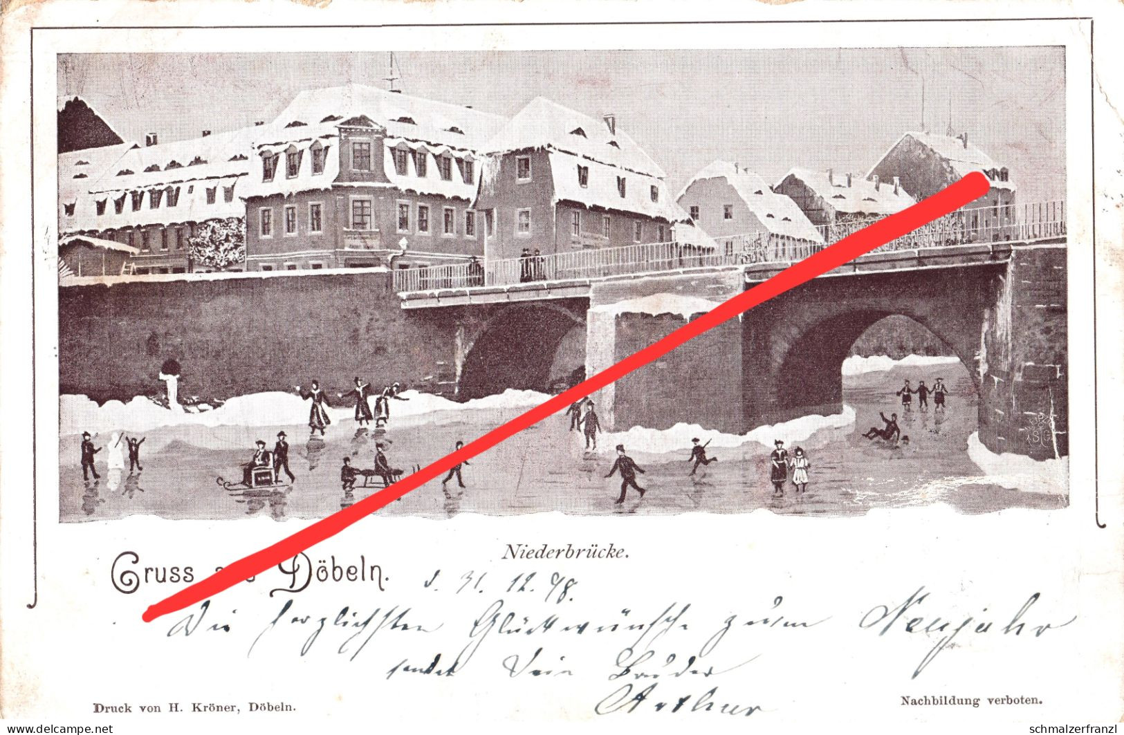 Litho Vorläufer AK Döbeln 1898 Niederbrücke Johannisstraße Eislaufen Winter Mulde Flutmulde A Franz Mehring Straße - Doebeln